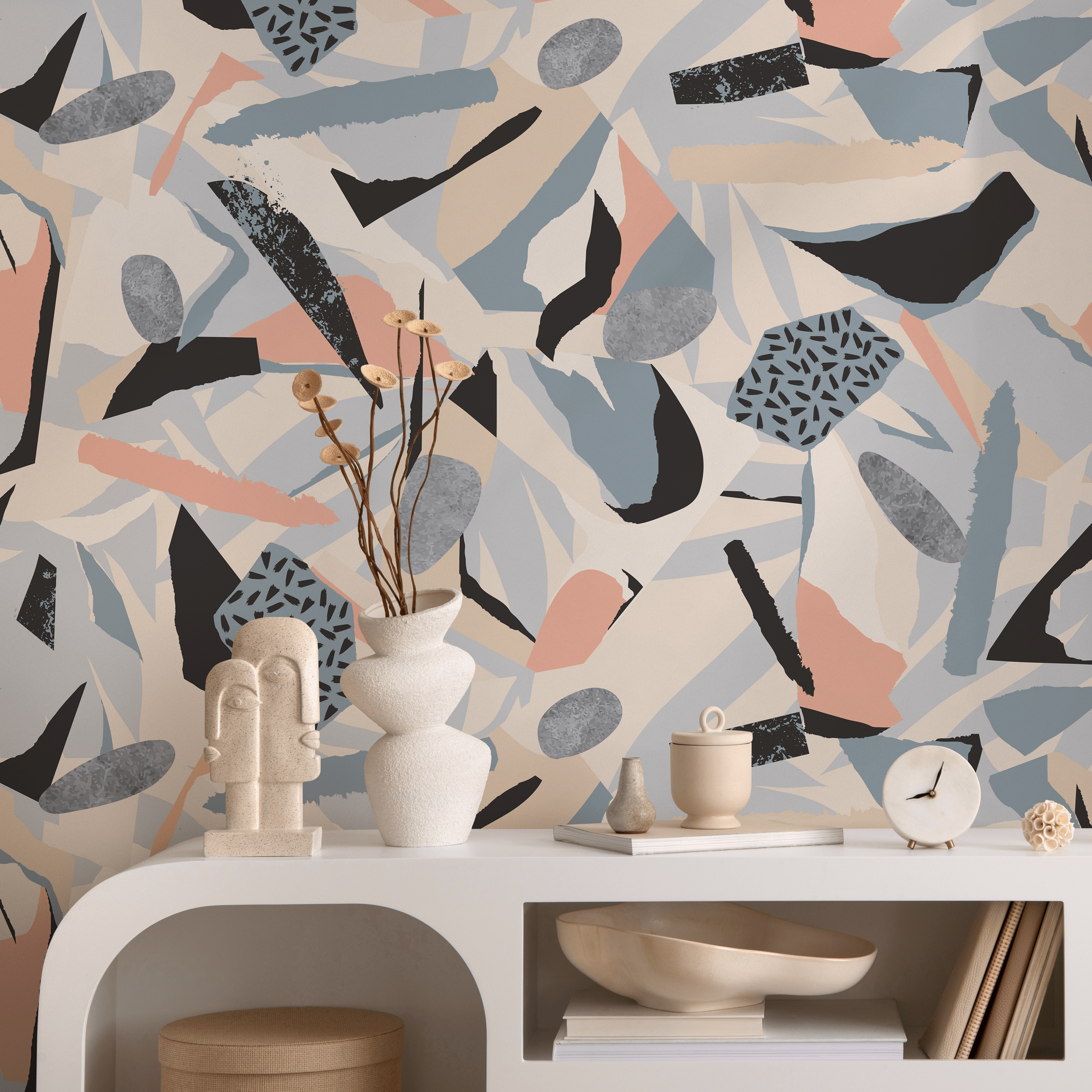 Abstract Wallpaper With A Torn Paper Collage In Beige, Blue, And Black - B305