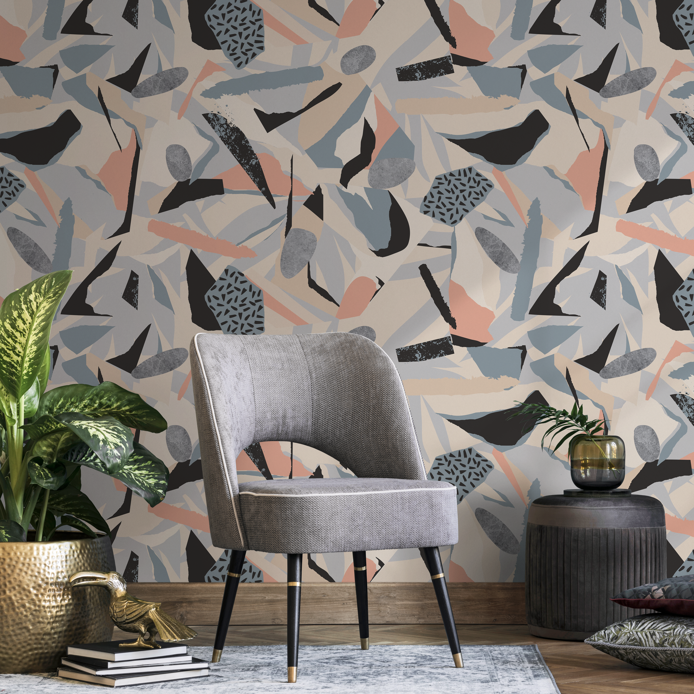 Abstract Wallpaper With A Torn Paper Collage In Beige, Blue, And Black - B305
