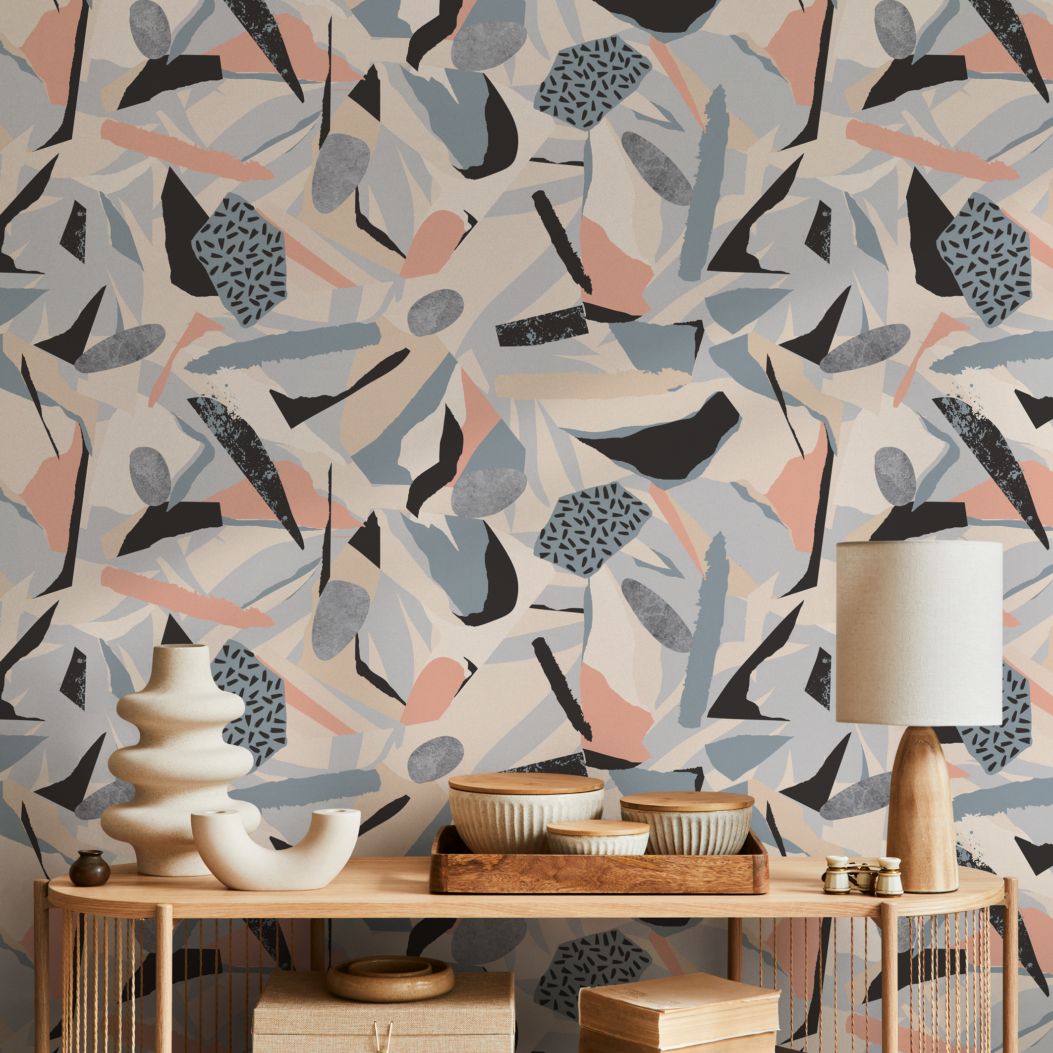 Abstract Wallpaper With A Torn Paper Collage In Beige, Blue, And Black - B305