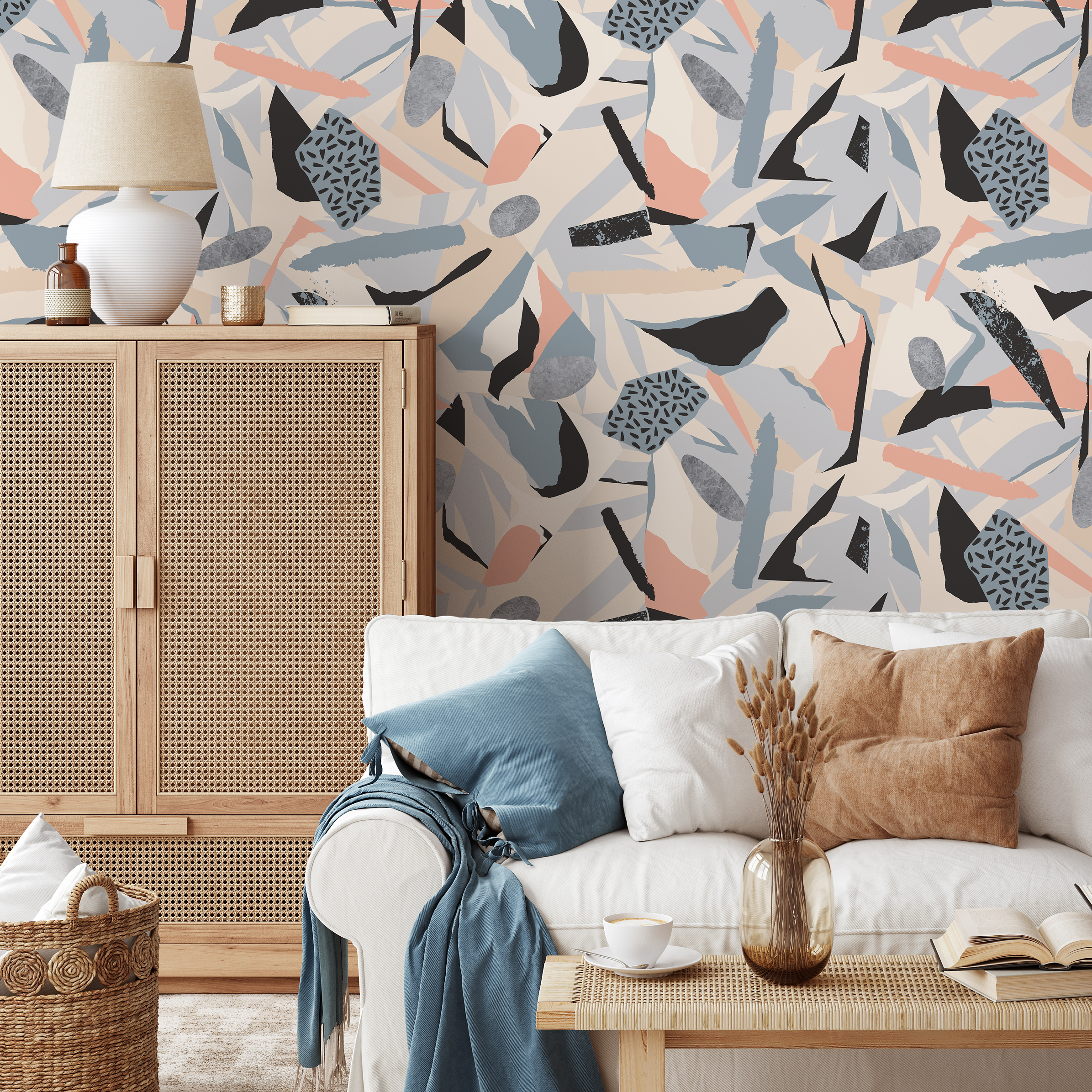 Abstract Wallpaper With A Torn Paper Collage In Beige, Blue, And Black - B305