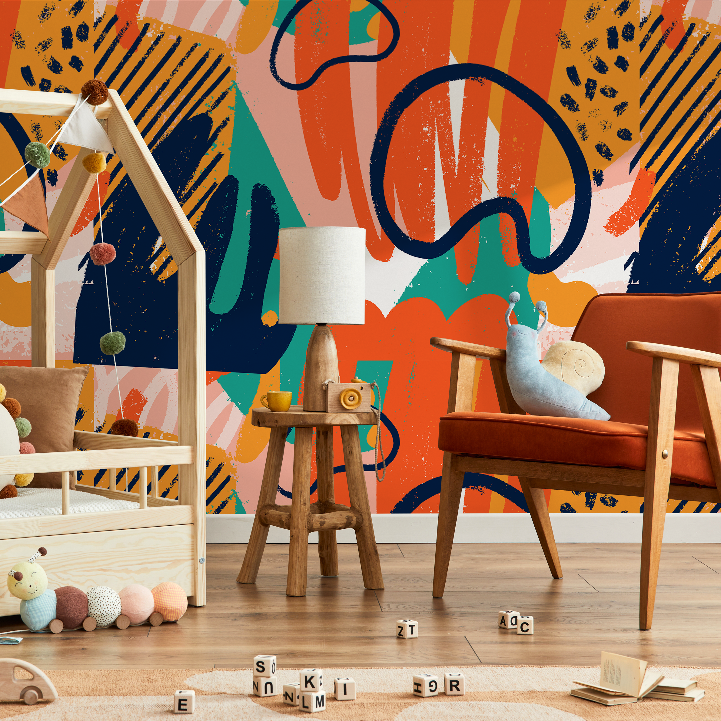 Abstract Wallpaper With Bold Brushstrokes In Navy Blue, Orange, And Yellow - B306