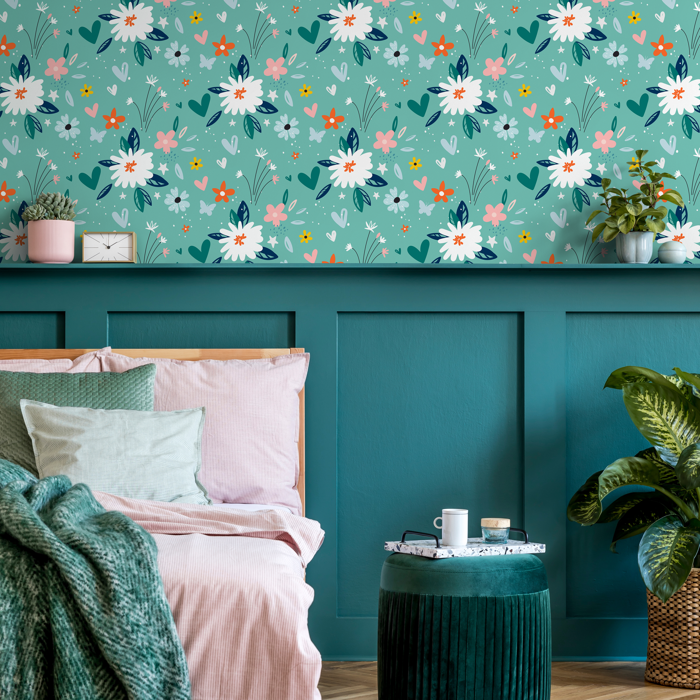 Floral Wallpaper With A Whimsical Meadow Motif In Teal, White, And Pink - B307