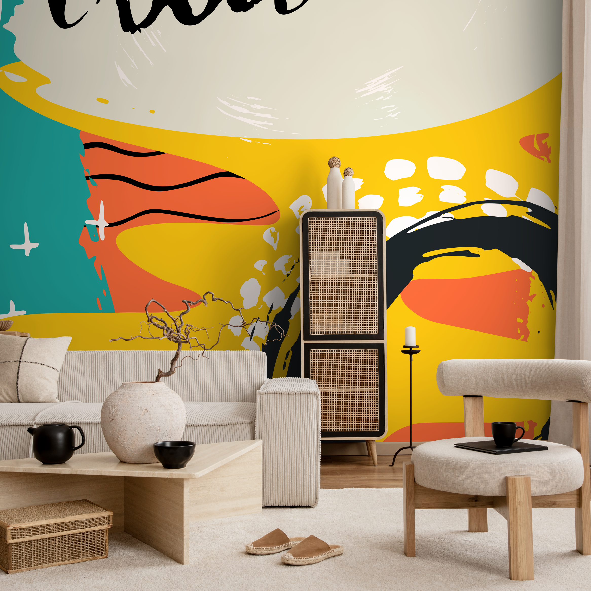 Abstract Wallpaper With Bold Shapes And Scribbles In Teal, Yellow, And Black - B309
