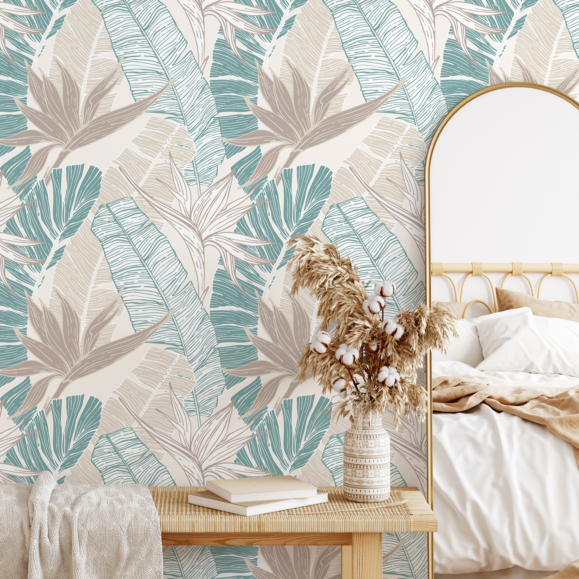 Tropical Wallpaper With Birds Of Paradise In Teal And Beige - B314
