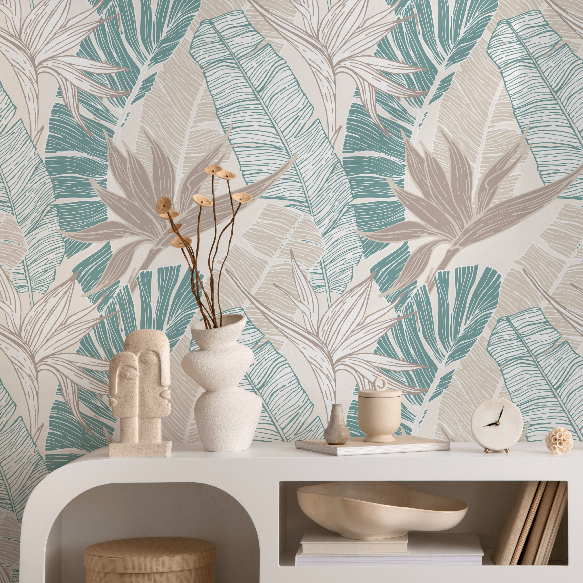Tropical Wallpaper With Birds Of Paradise In Teal And Beige - B314