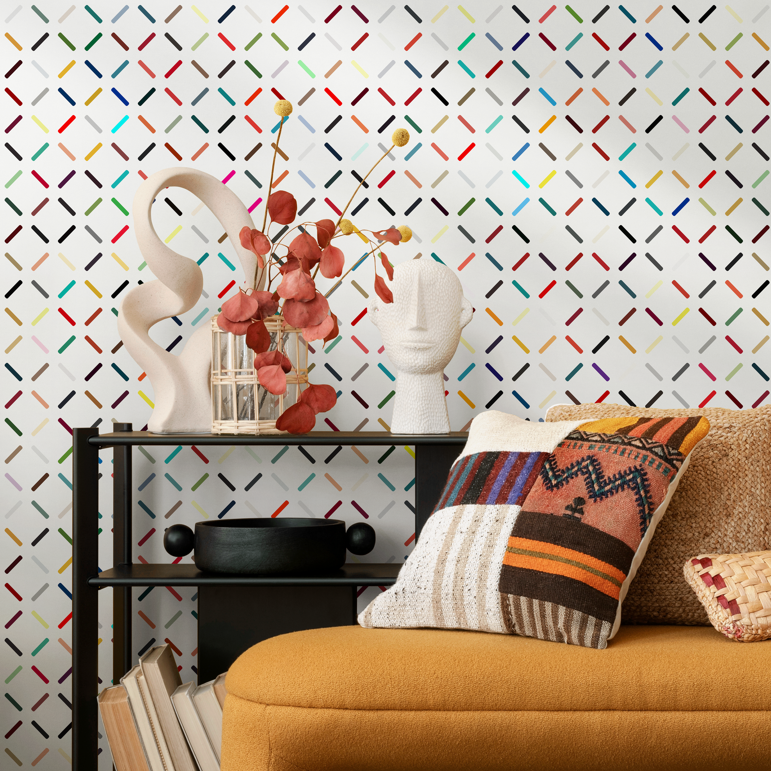 Geometric Wallpaper With A Dashed Line Grid In Red, Blue, And Black - B317