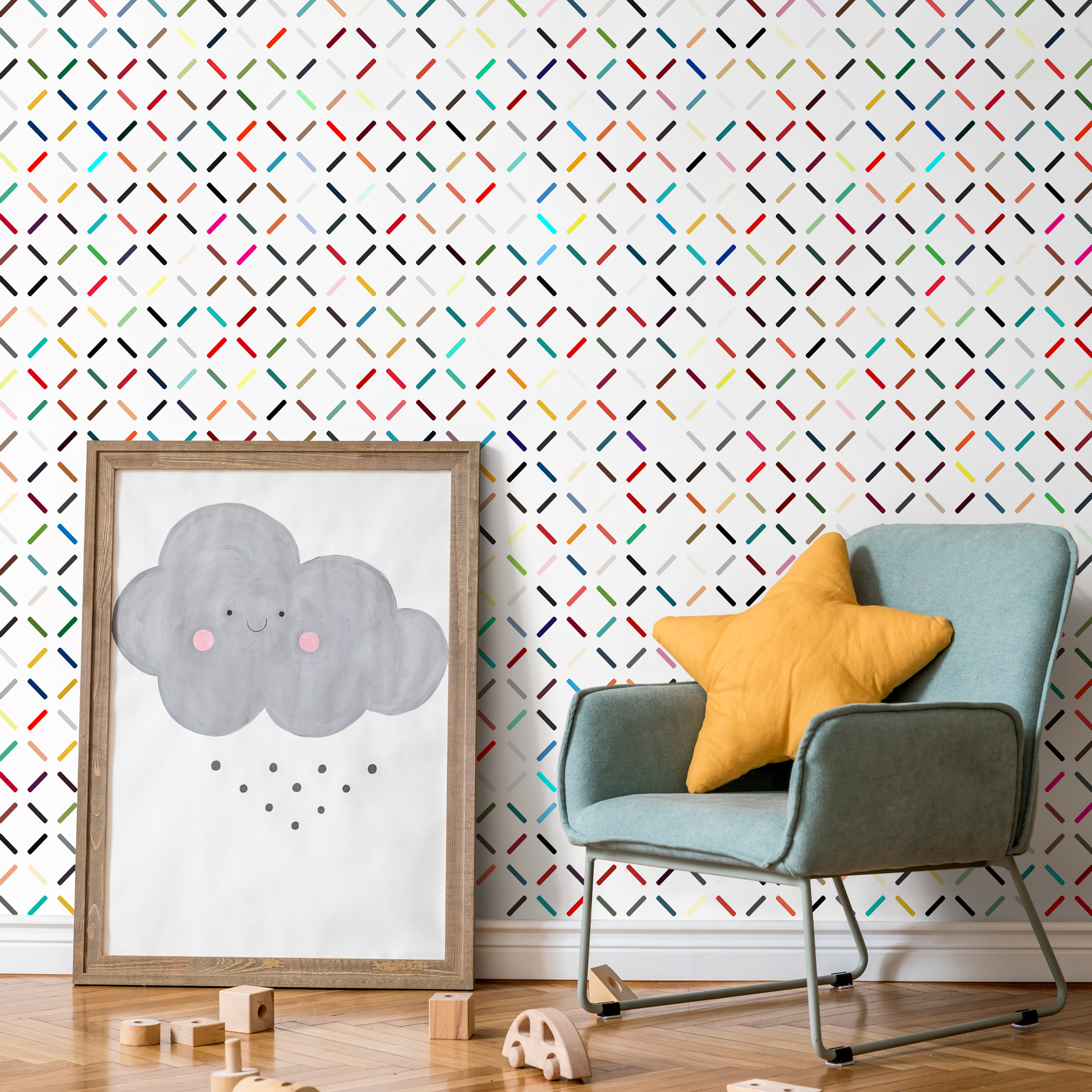 Geometric Wallpaper With A Dashed Line Grid In Red, Blue, And Black - B317