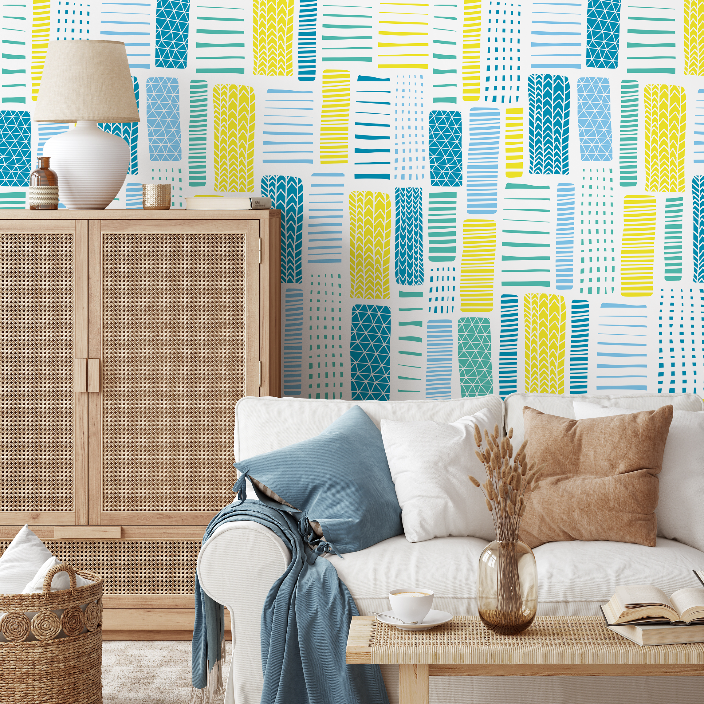 Abstract Wallpaper With Hand-drawn Blocks In Yellow And Blue - B318