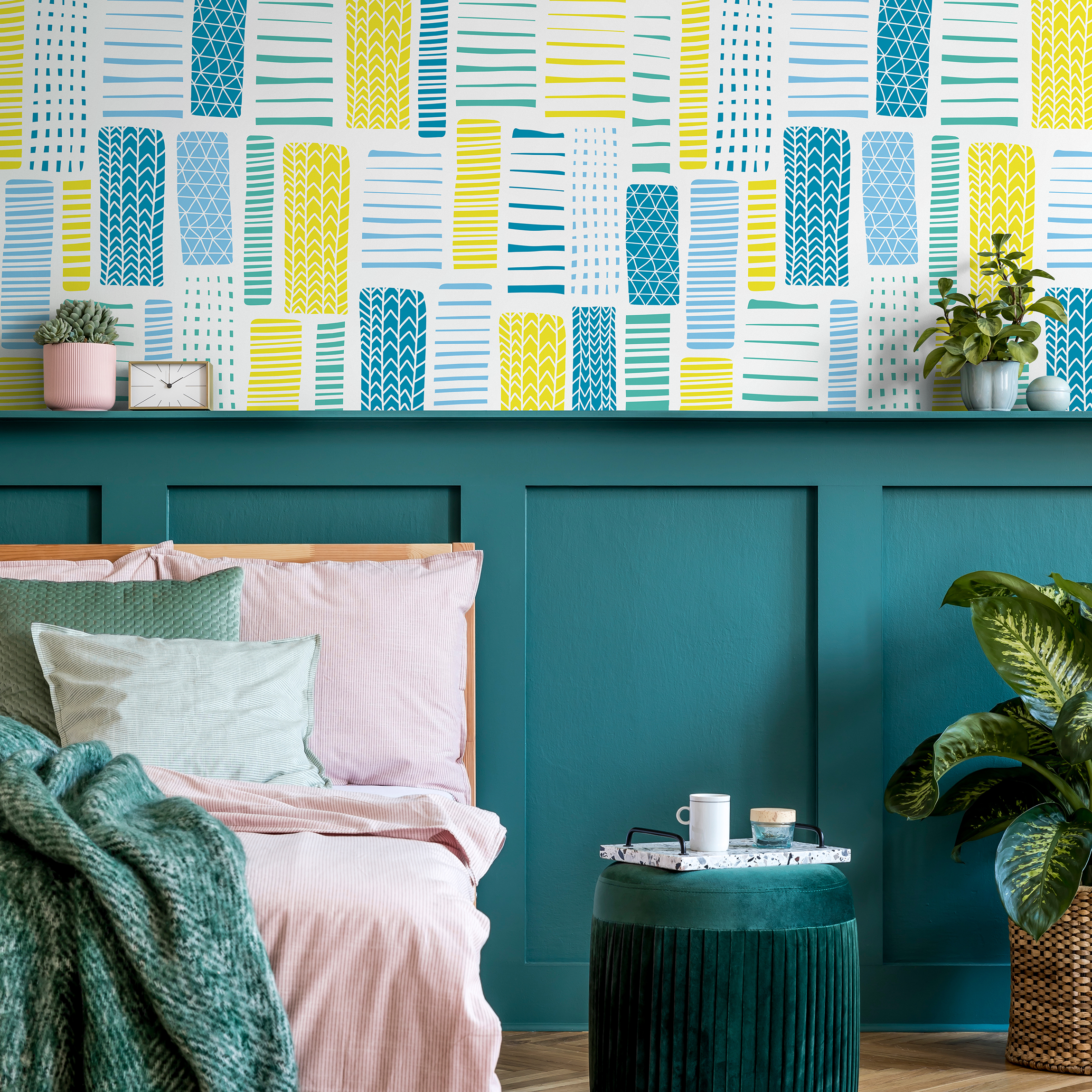 Abstract Wallpaper With Hand-drawn Blocks In Yellow And Blue - B318