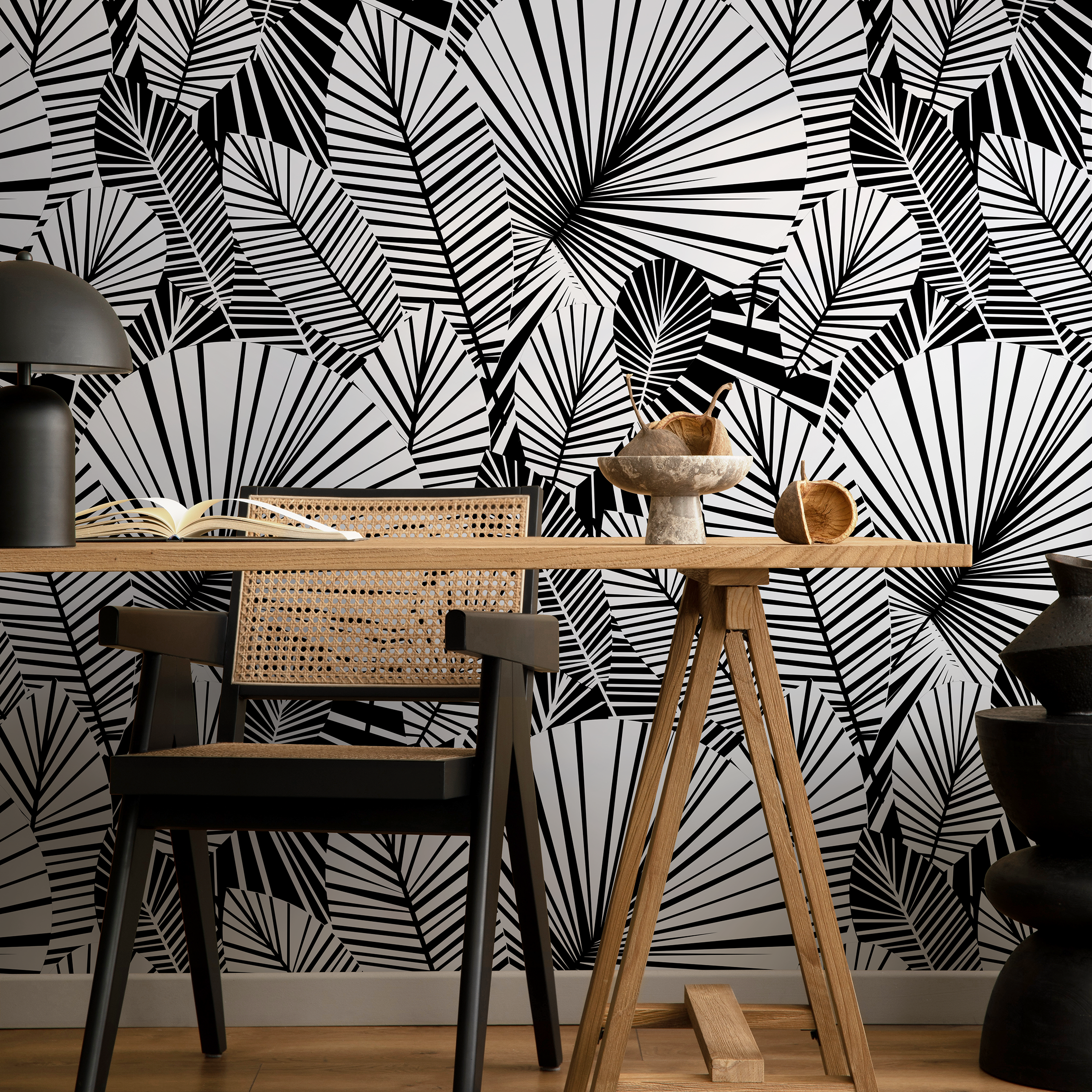 Botanical Wallpaper With A Modern Fan Palm Motif In Black And White - B324