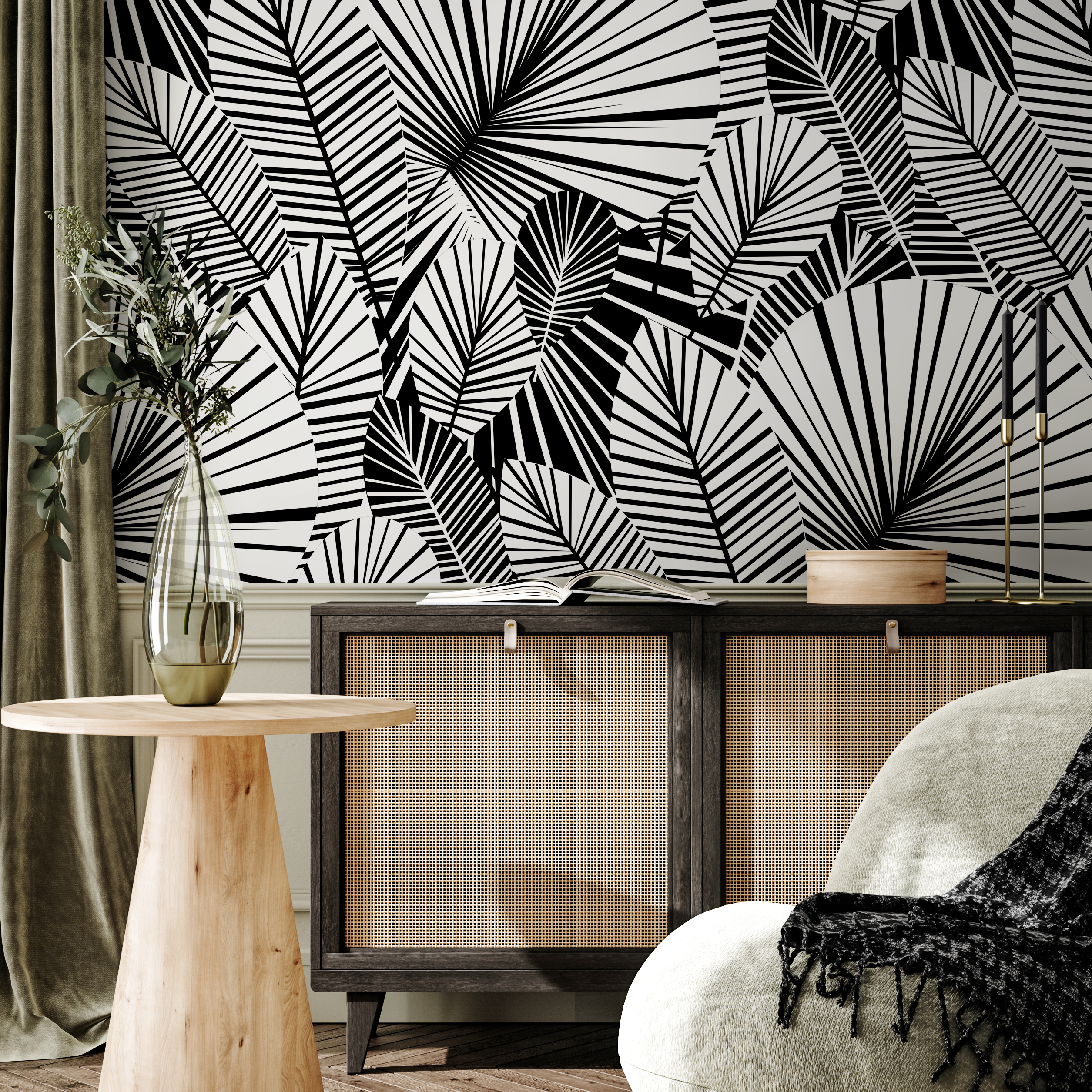 Botanical Wallpaper With A Modern Fan Palm Motif In Black And White - B324