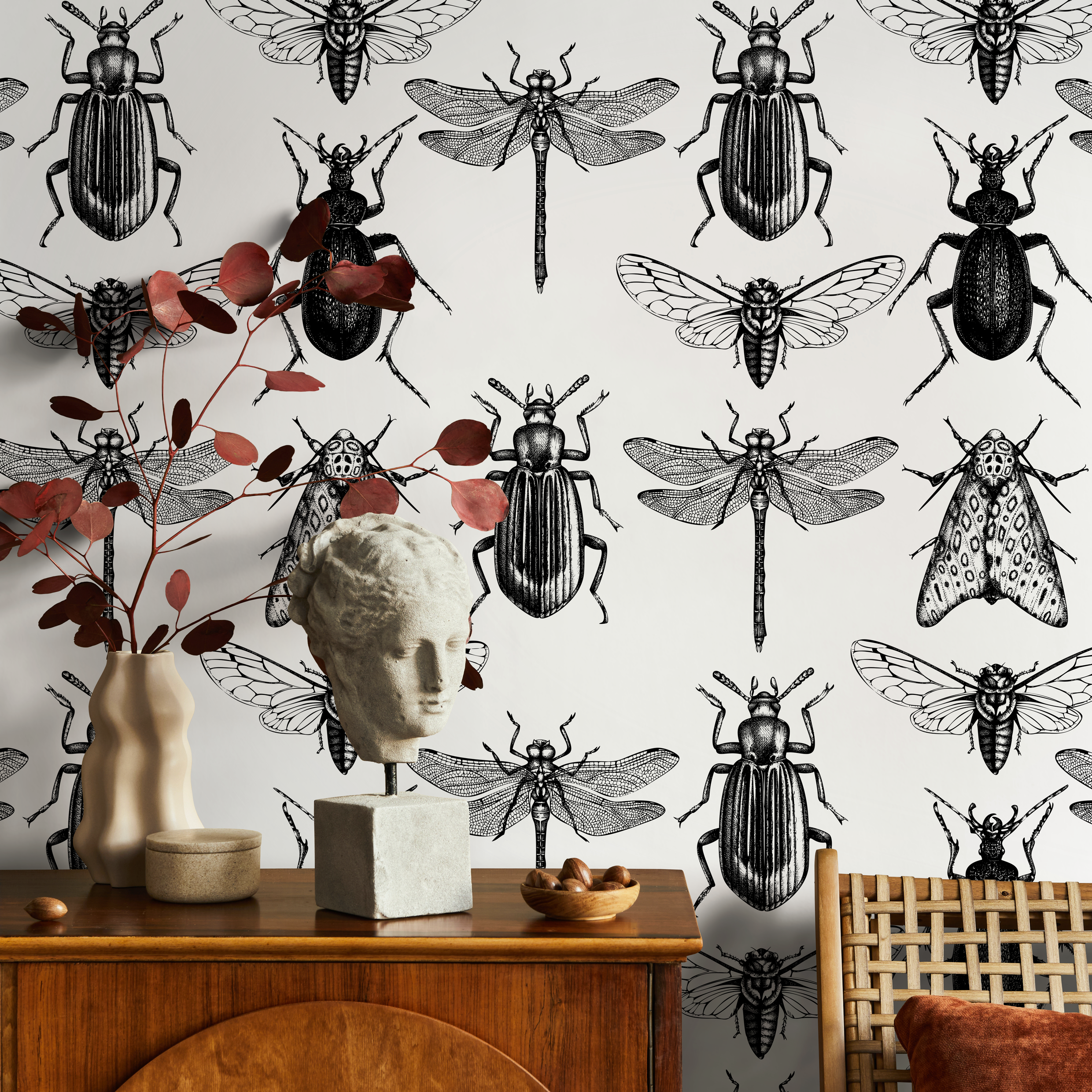 Insect Wallpaper With Vintage Entomology Illustrations In Black And White - B327