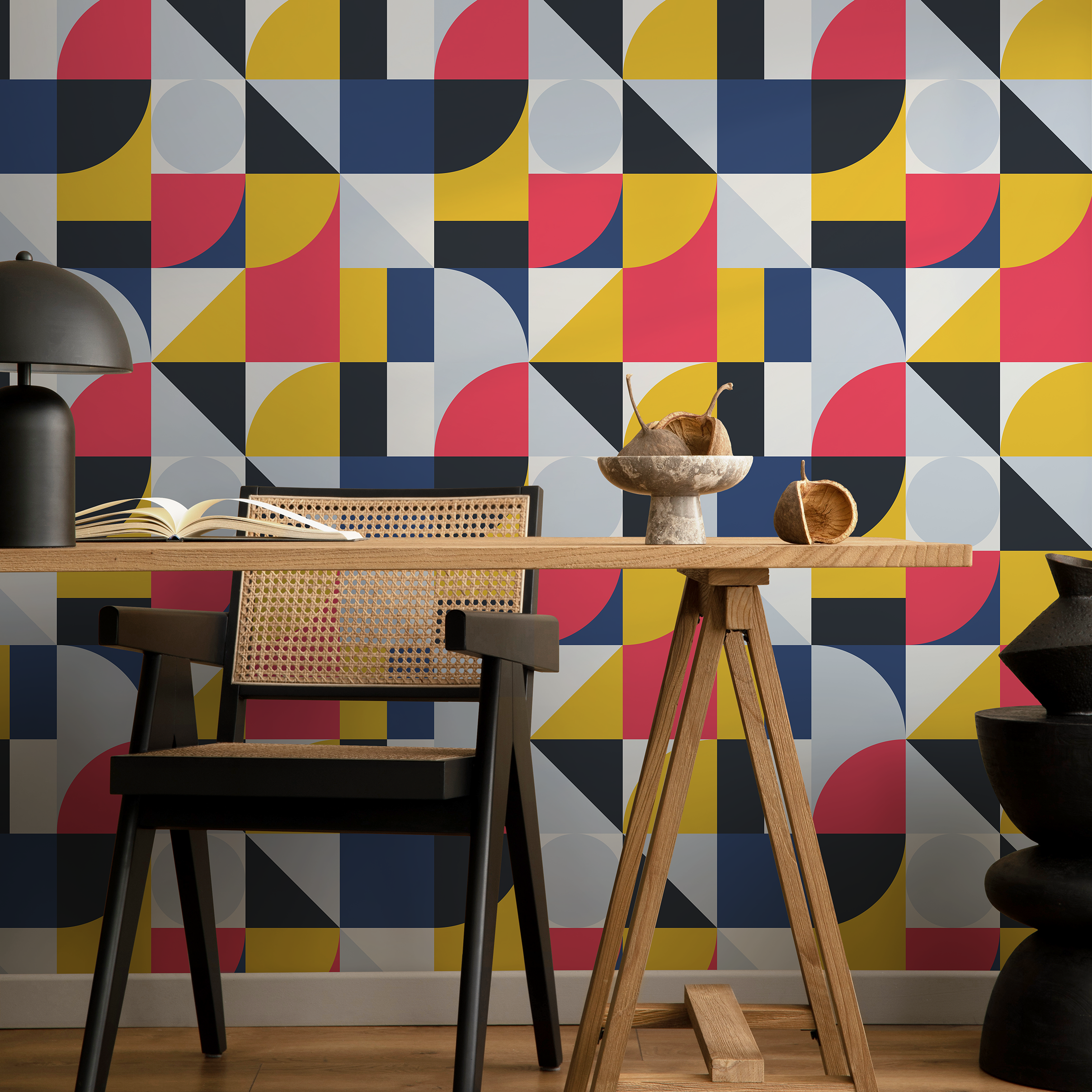 Geometric Wallpaper With A Modern Block Pattern In Pink, Yellow, And Blue - B329