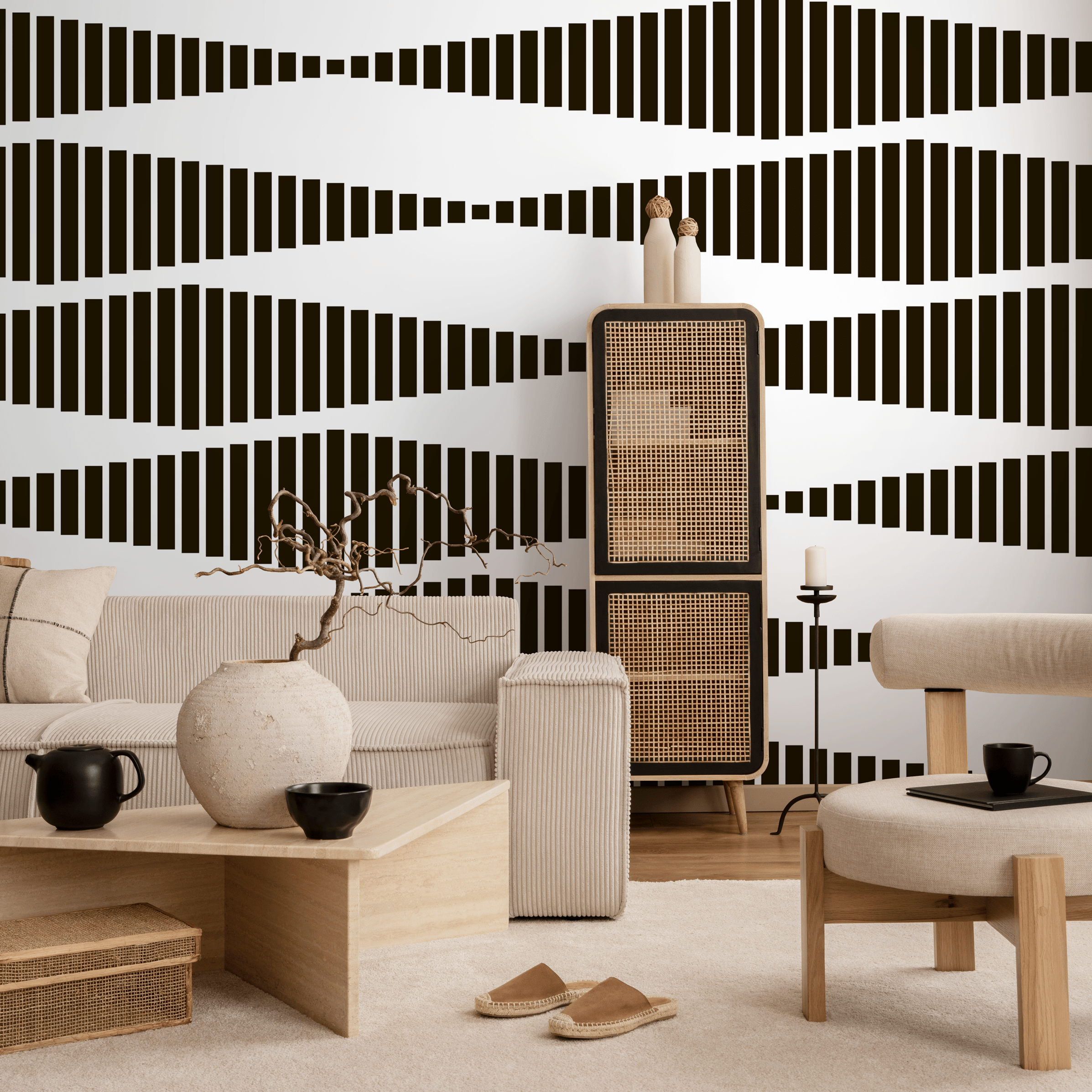 Geometric Wallpaper With Wavy Vertical Lines In Black And White - B339