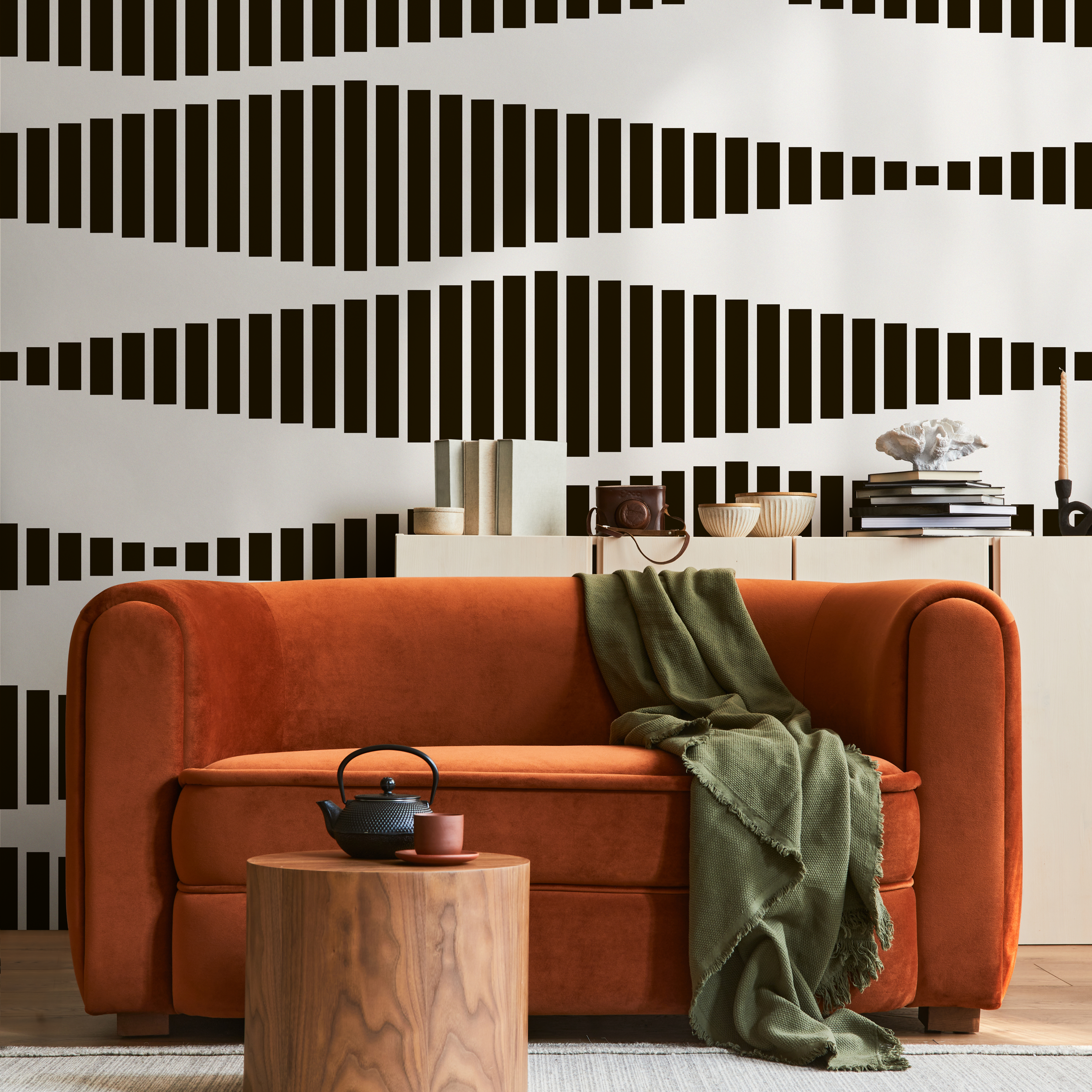 Geometric Wallpaper With Wavy Vertical Lines In Black And White - B339