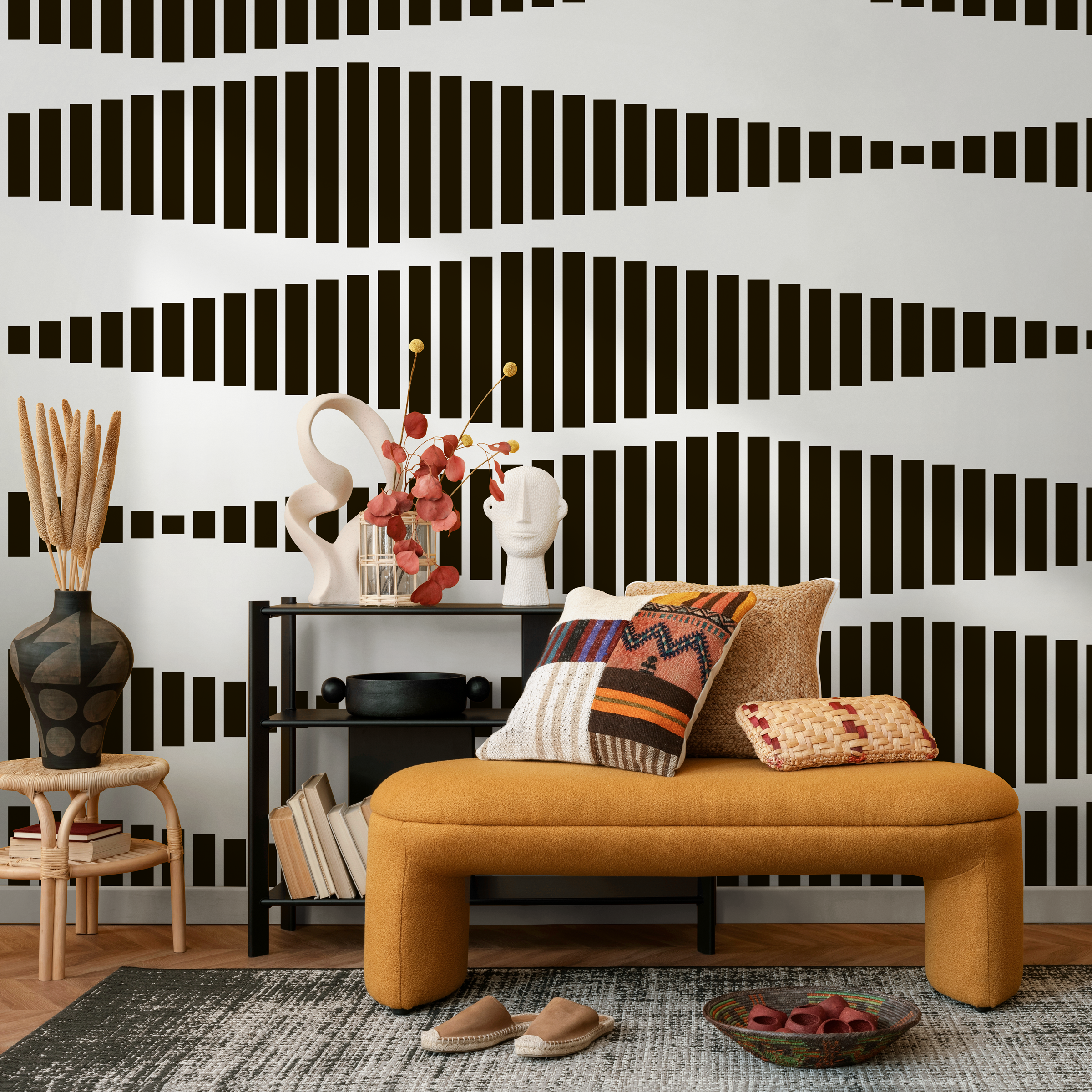 Geometric Wallpaper With Wavy Vertical Lines In Black And White - B339