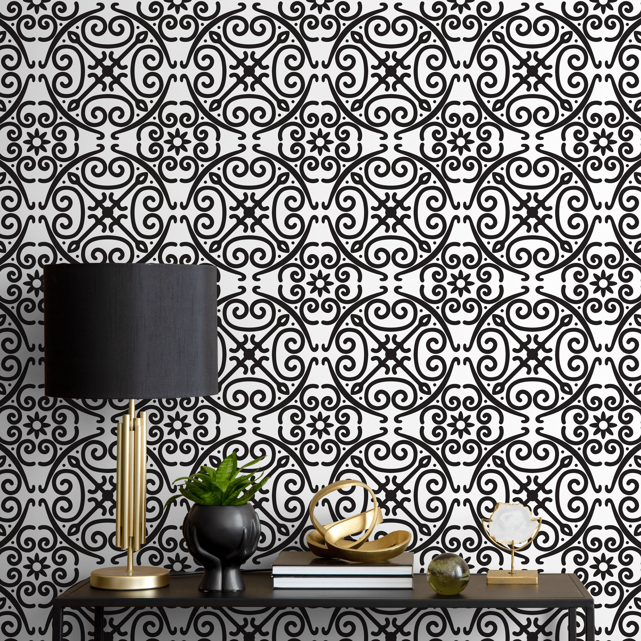 Geometric Wallpaper With An Intricate Scrollwork Motif In Black And White - B340