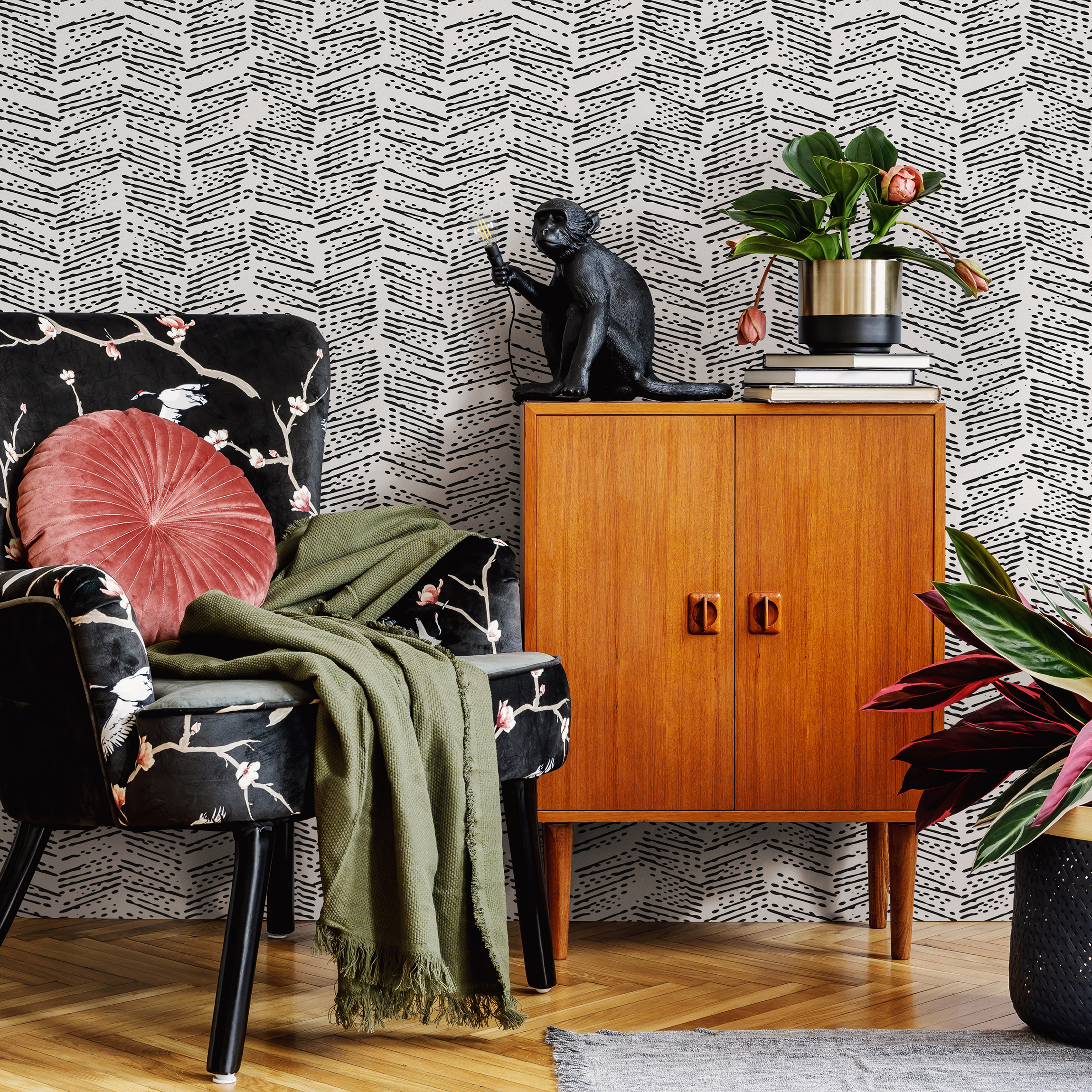 Geometric Wallpaper With A Dashed Herringbone Motif In Black And White - B345