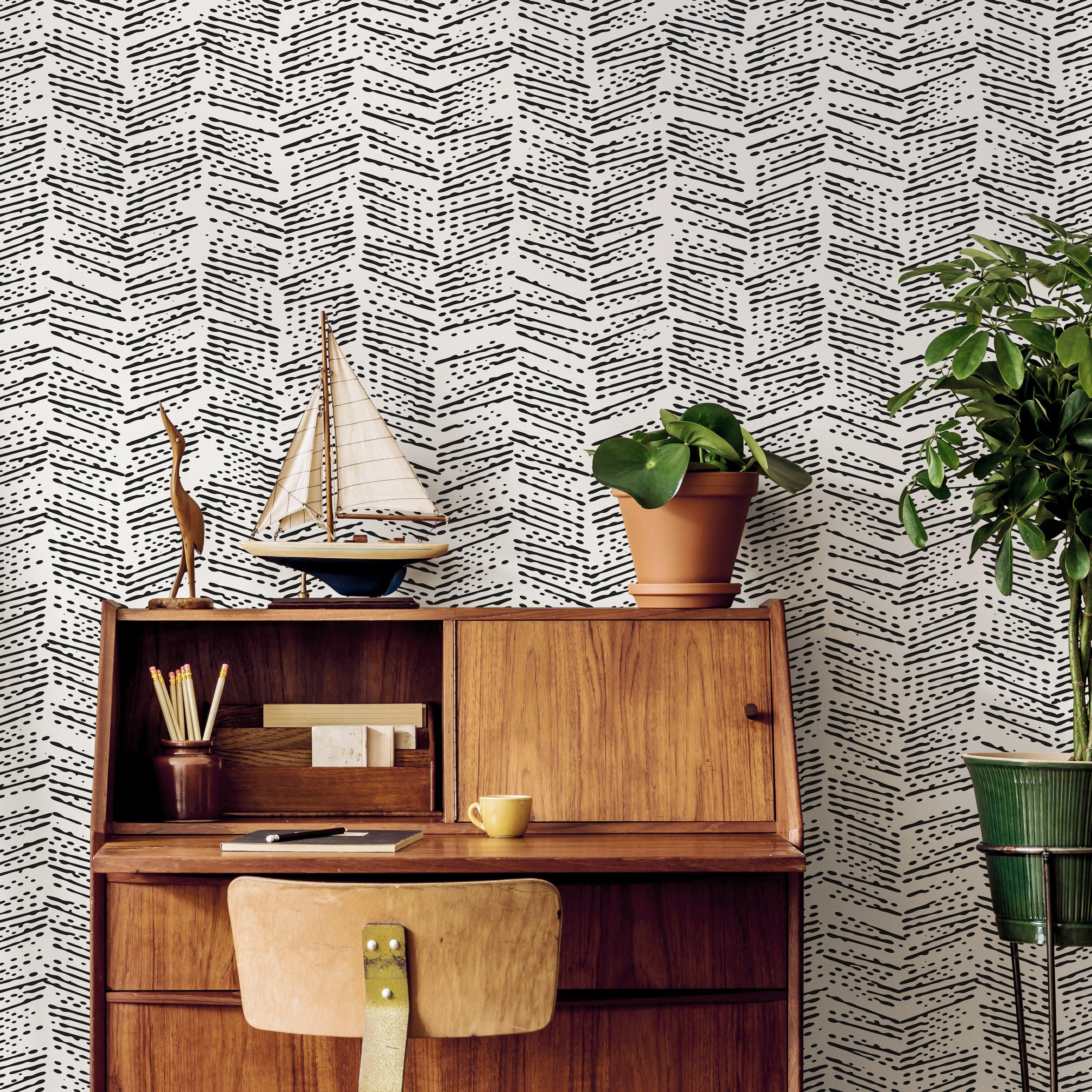 Geometric Wallpaper With A Dashed Herringbone Motif In Black And White - B345