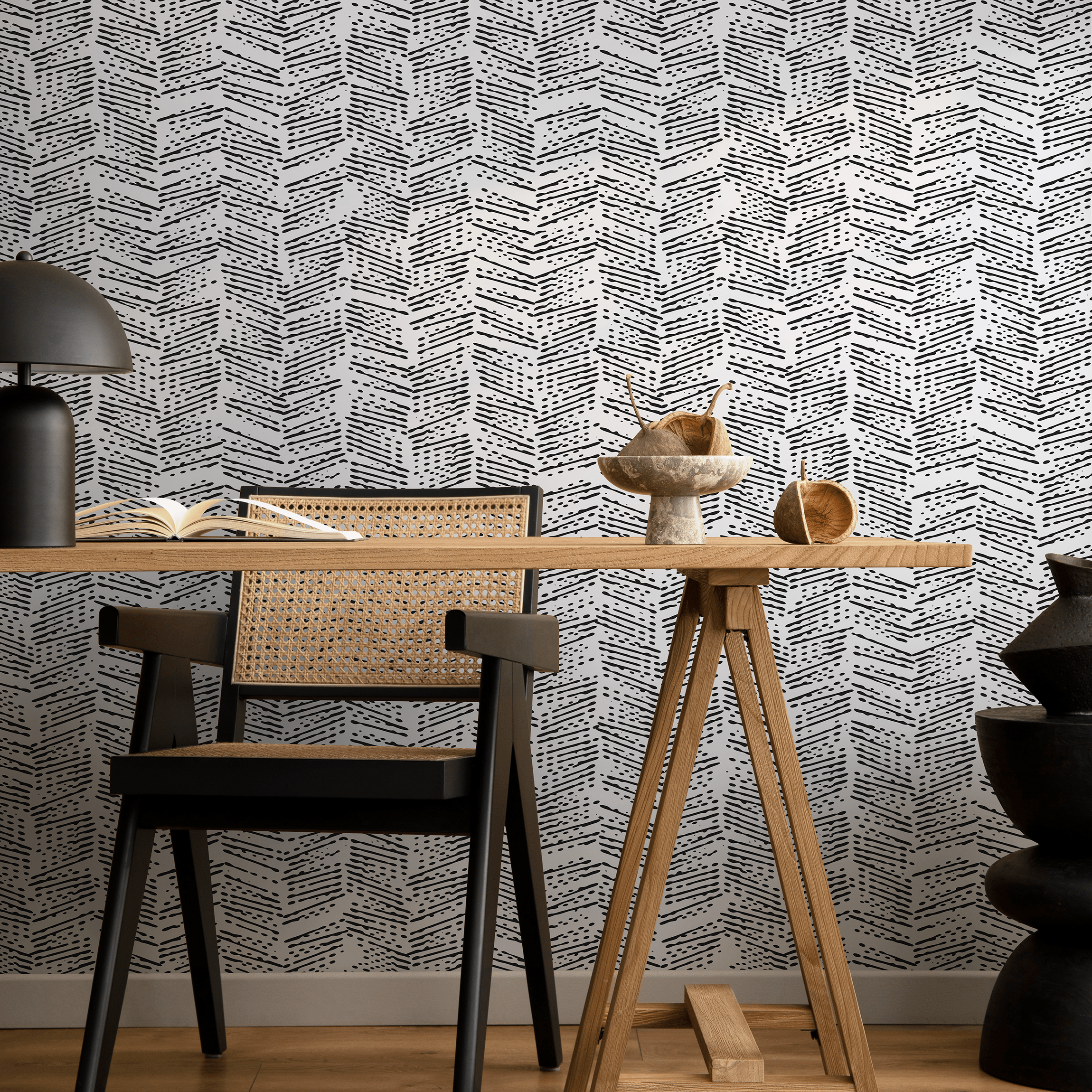 Geometric Wallpaper With A Dashed Herringbone Motif In Black And White - B345