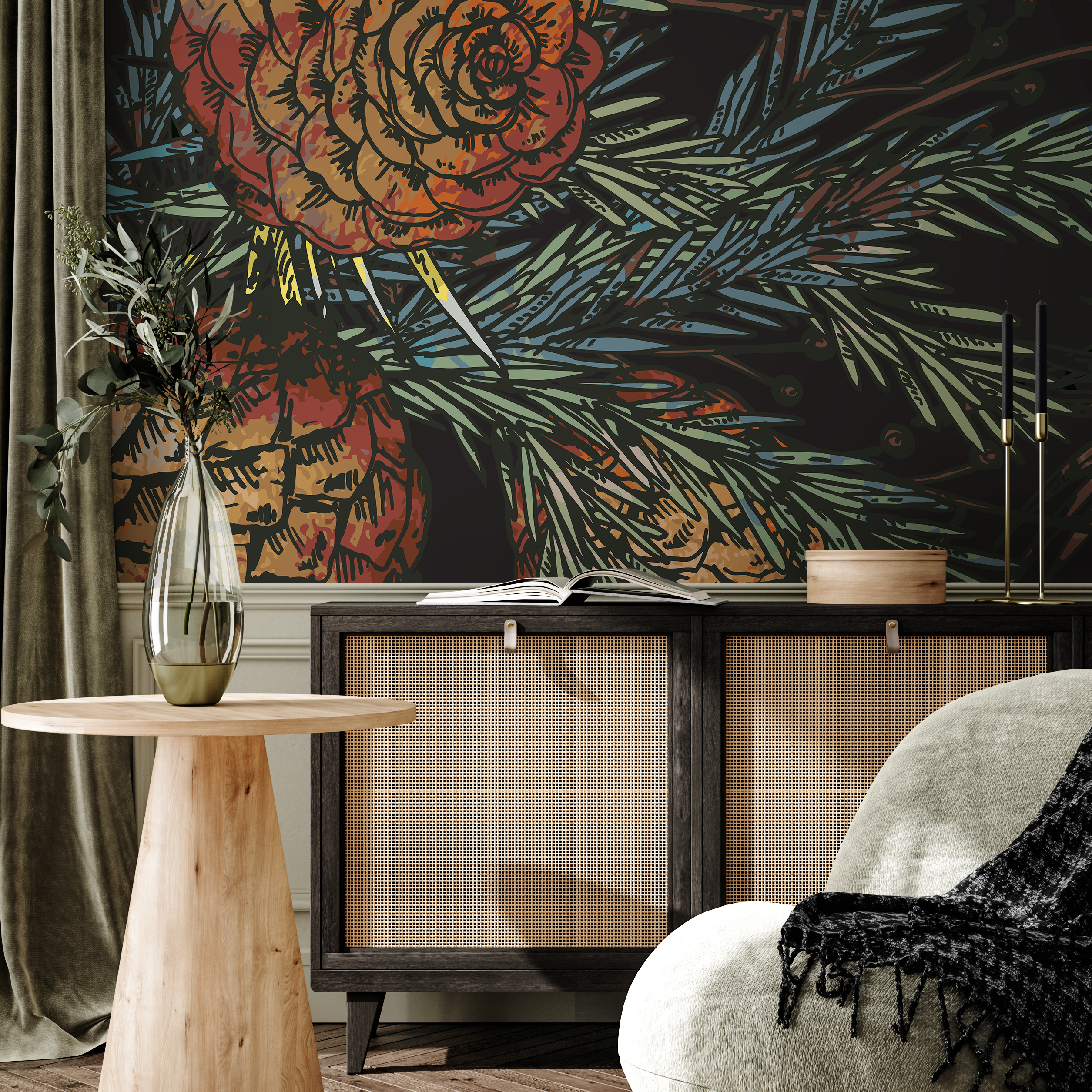 Botanical Wallpaper Featuring A Rustic Pinecone Motif In Orange, Brown, And Green - B348