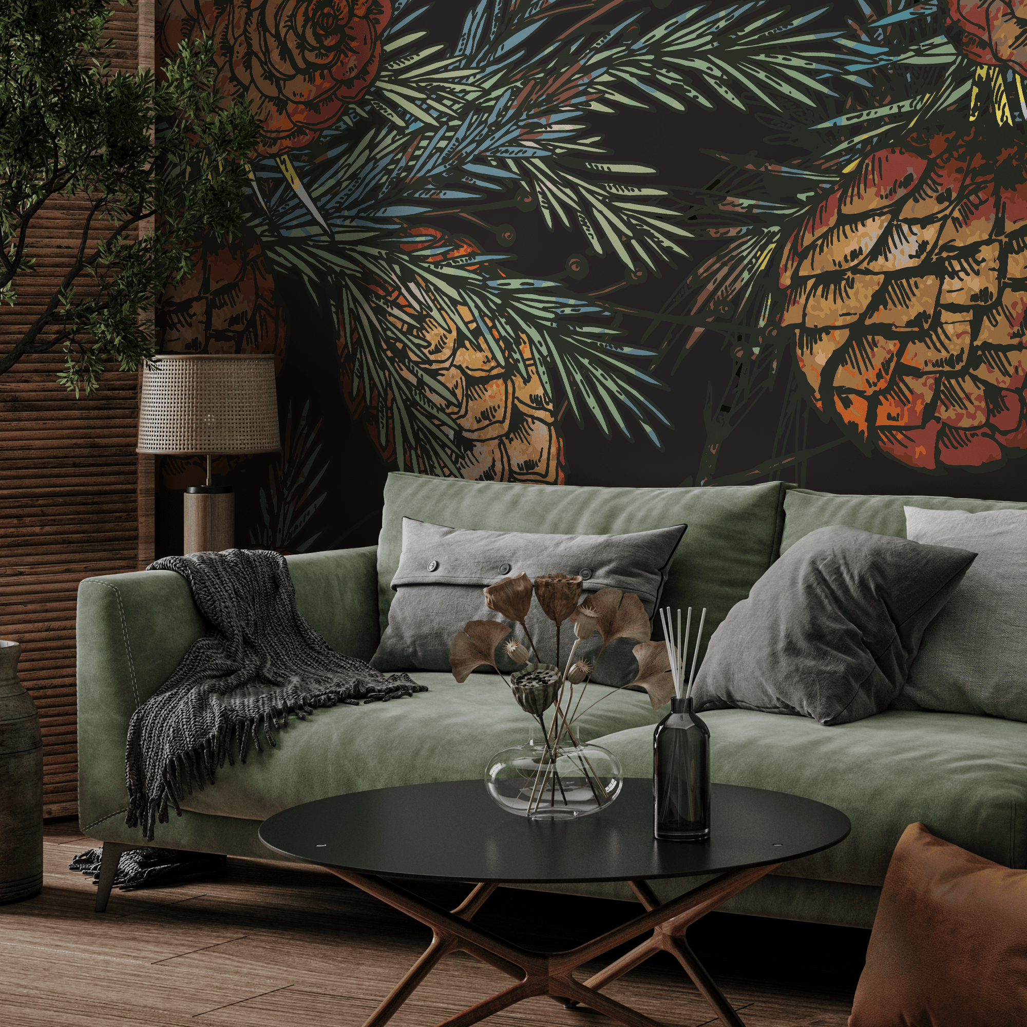 Botanical Wallpaper Featuring A Rustic Pinecone Motif In Orange, Brown, And Green - B348