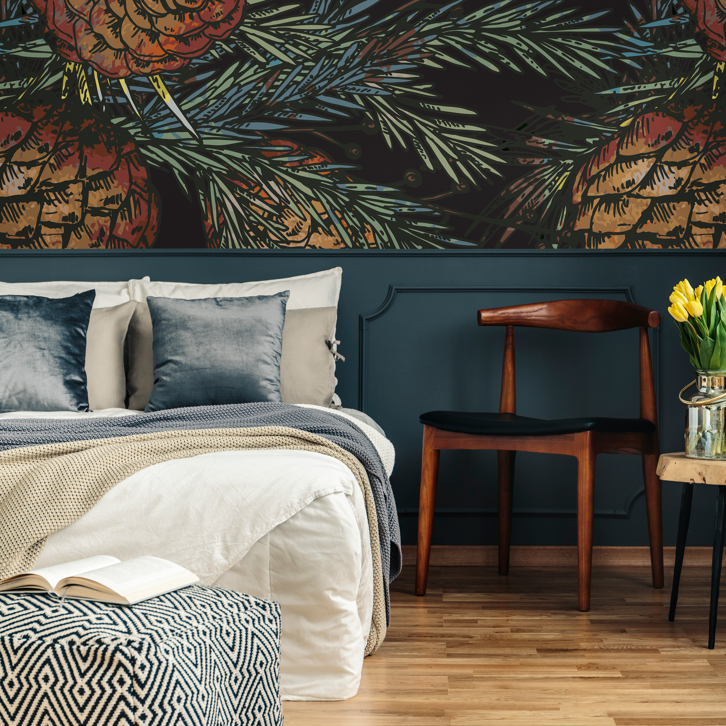 Botanical Wallpaper Featuring A Rustic Pinecone Motif In Orange, Brown, And Green - B348