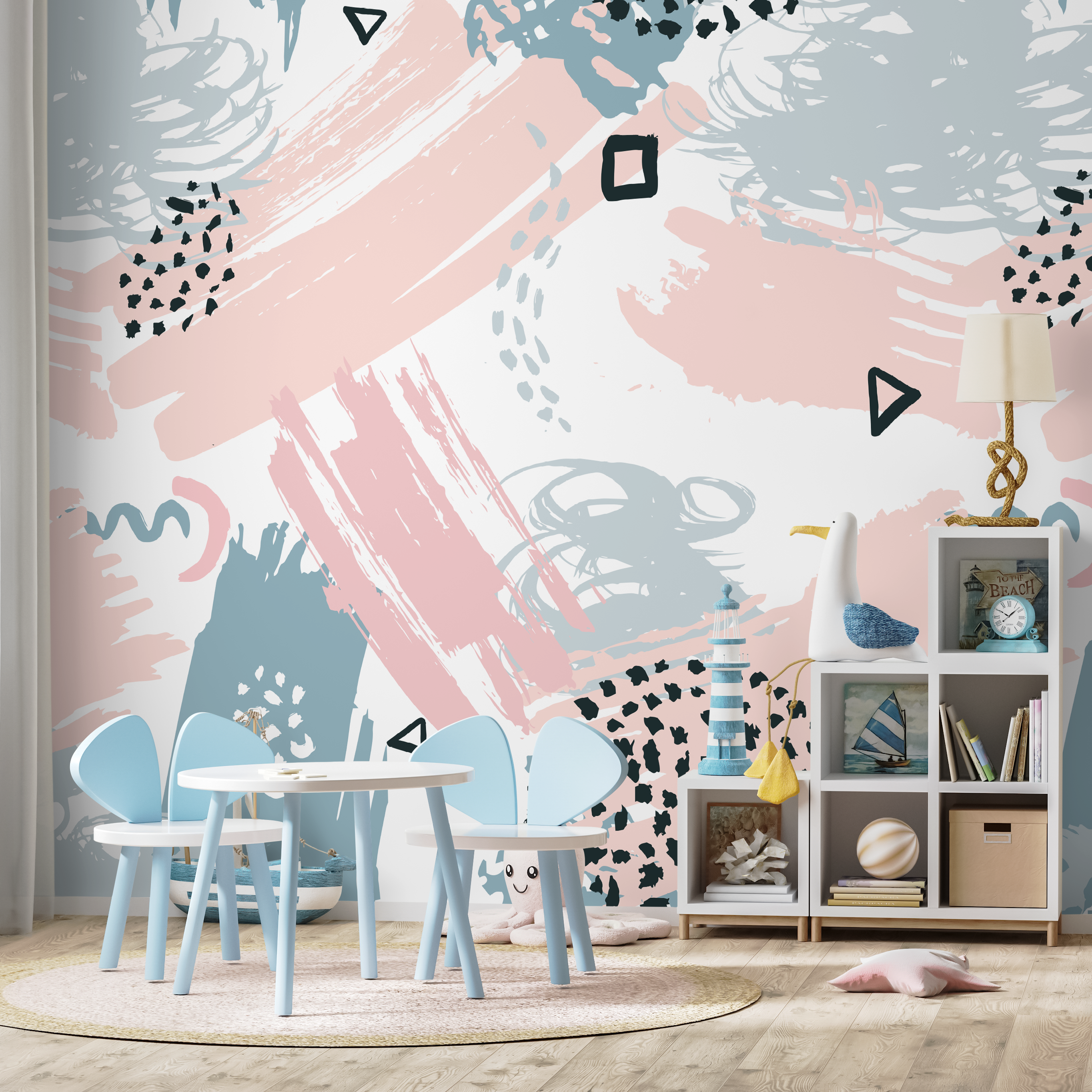 Abstract Wallpaper With Scribbles And Brush Strokes In Pink, Blue, And Black - B349