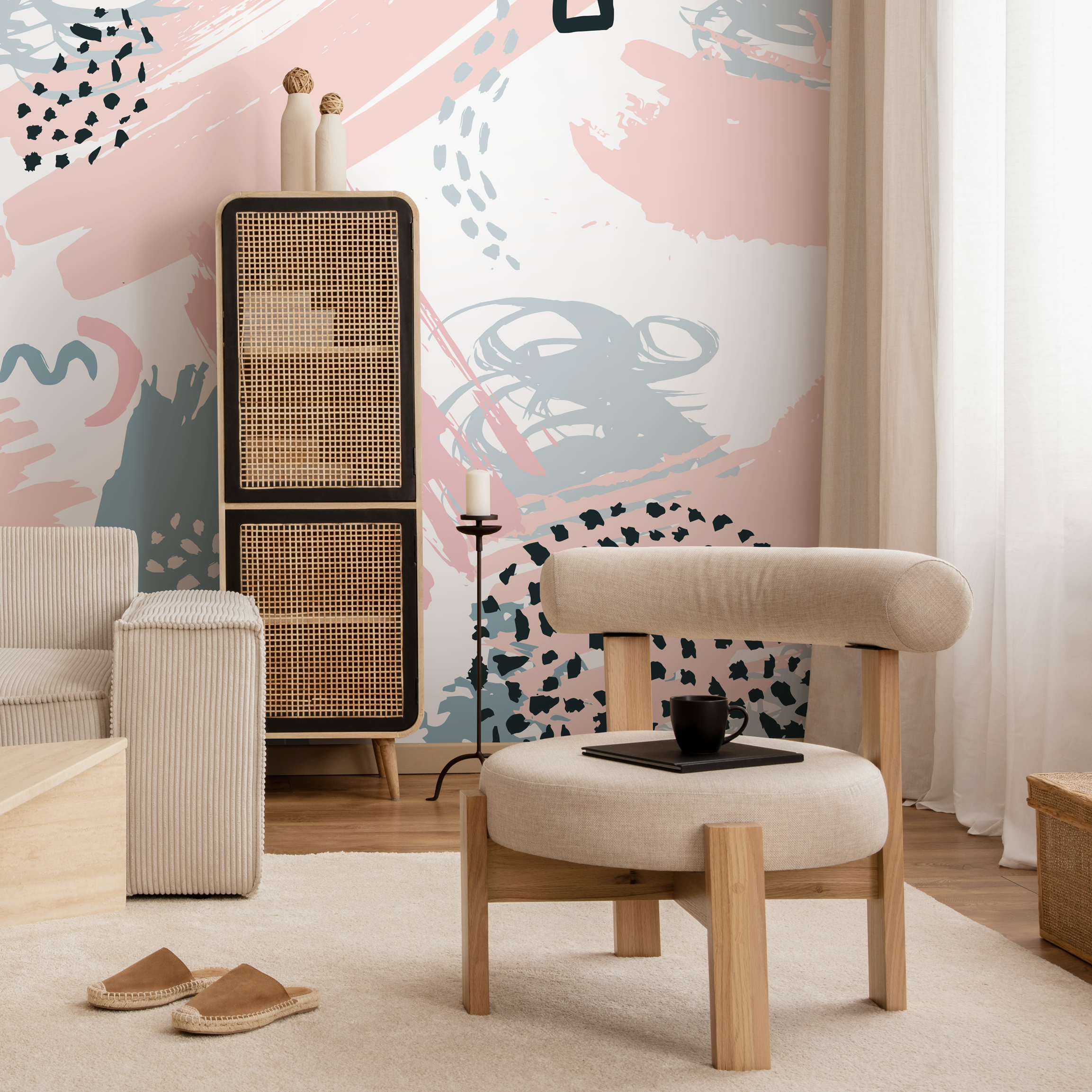 Abstract Wallpaper With Scribbles And Brush Strokes In Pink, Blue, And Black - B349