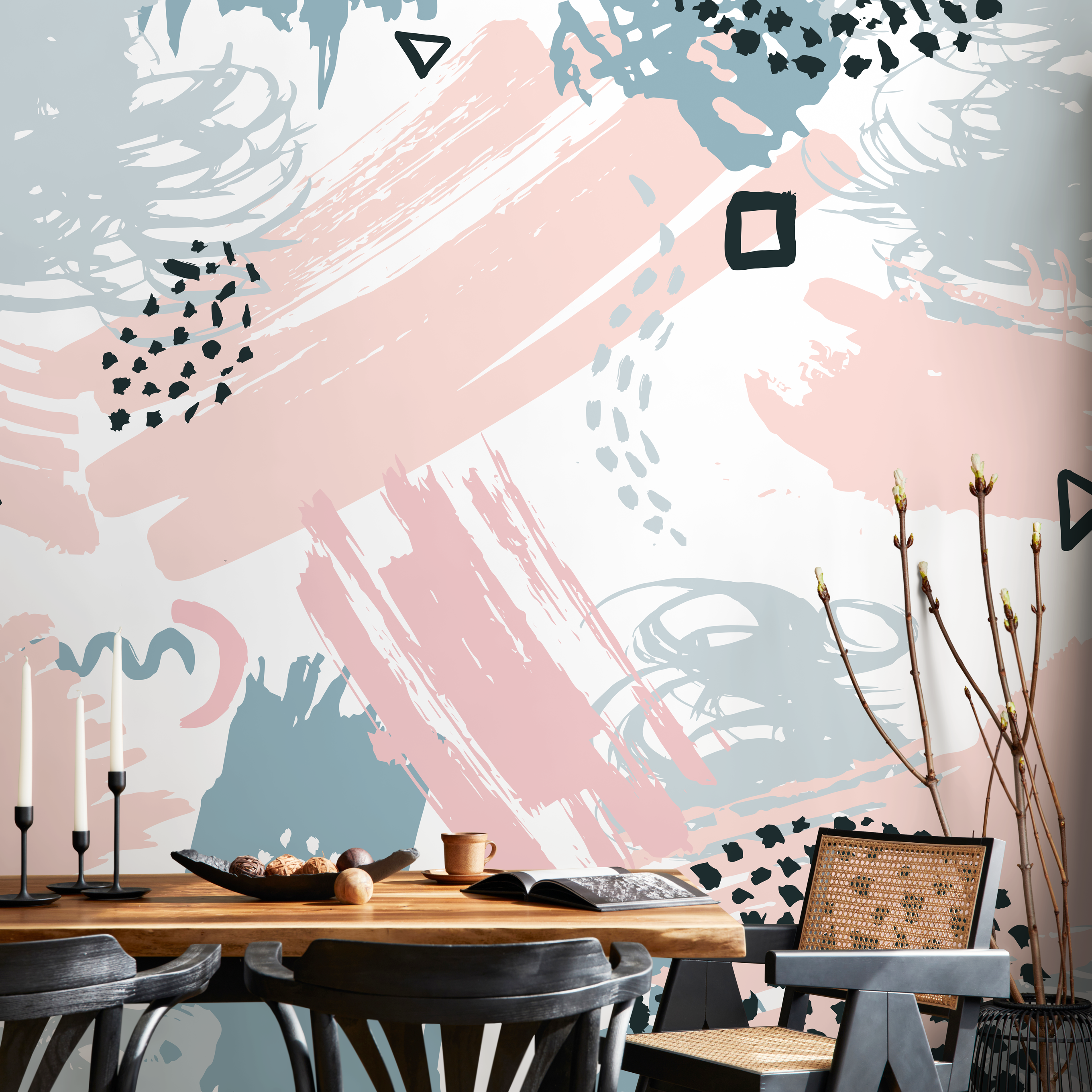 Abstract Wallpaper With Scribbles And Brush Strokes In Pink, Blue, And Black - B349