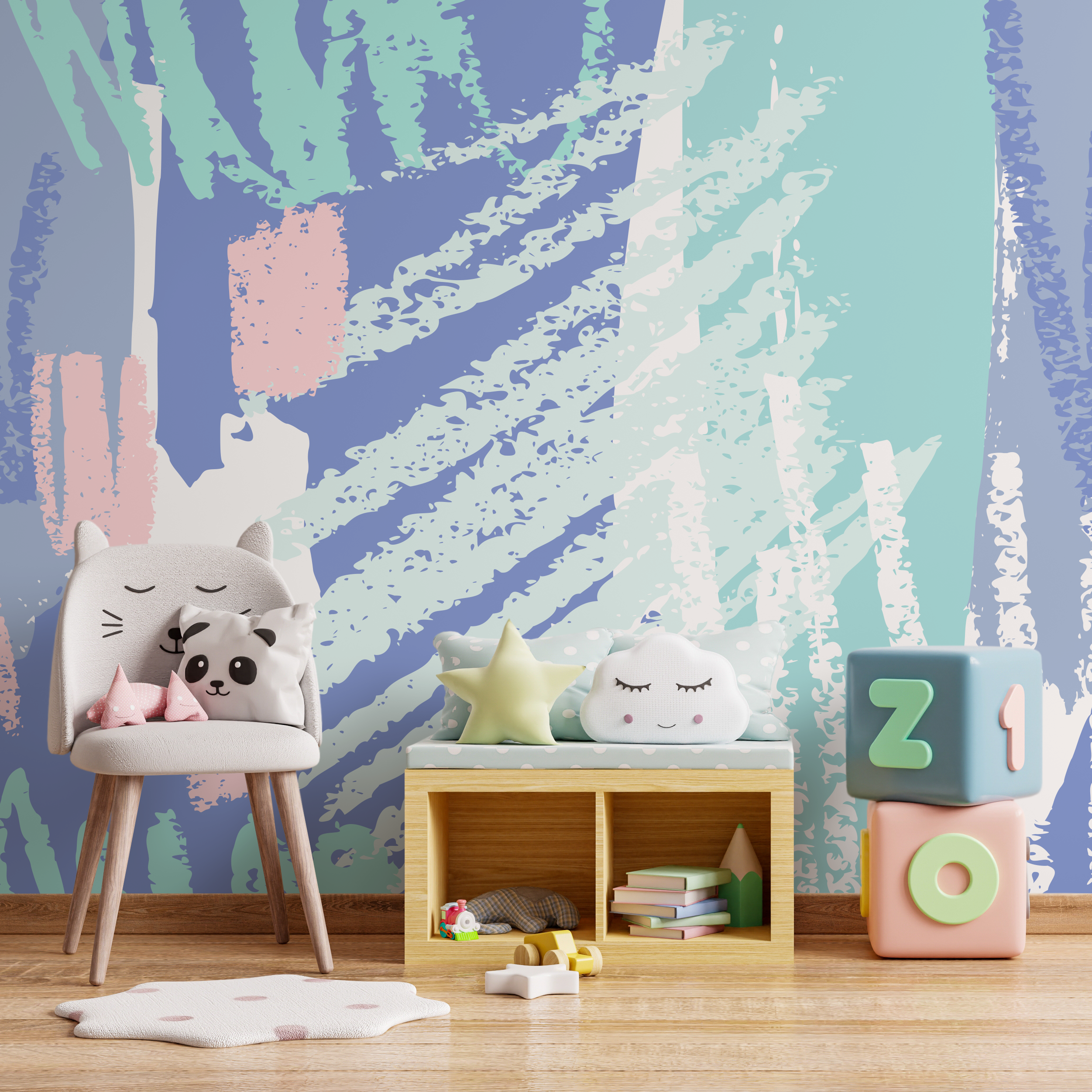 Abstract Wallpaper With Artistic Brushstrokes In Blue, Green, And Pink - B358