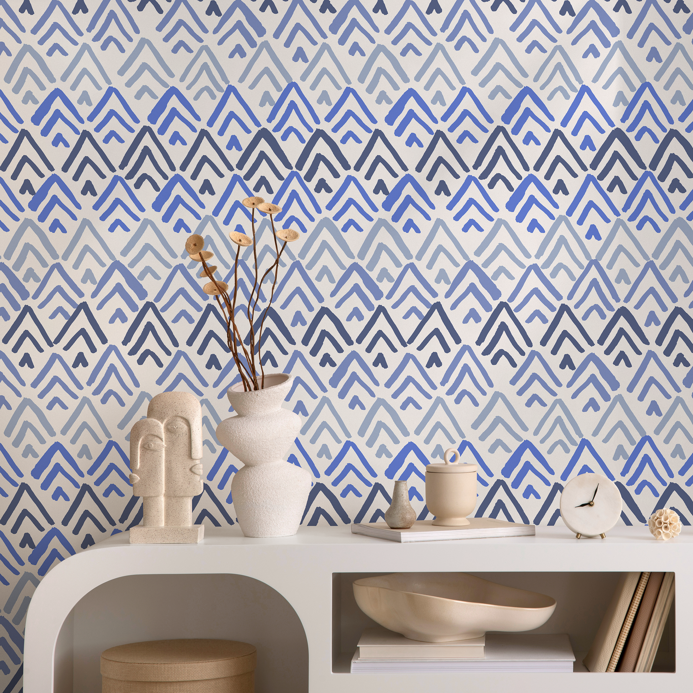 Geometric Wallpaper With A Brushstroke Chevron Motif In Blue And Gray - B359