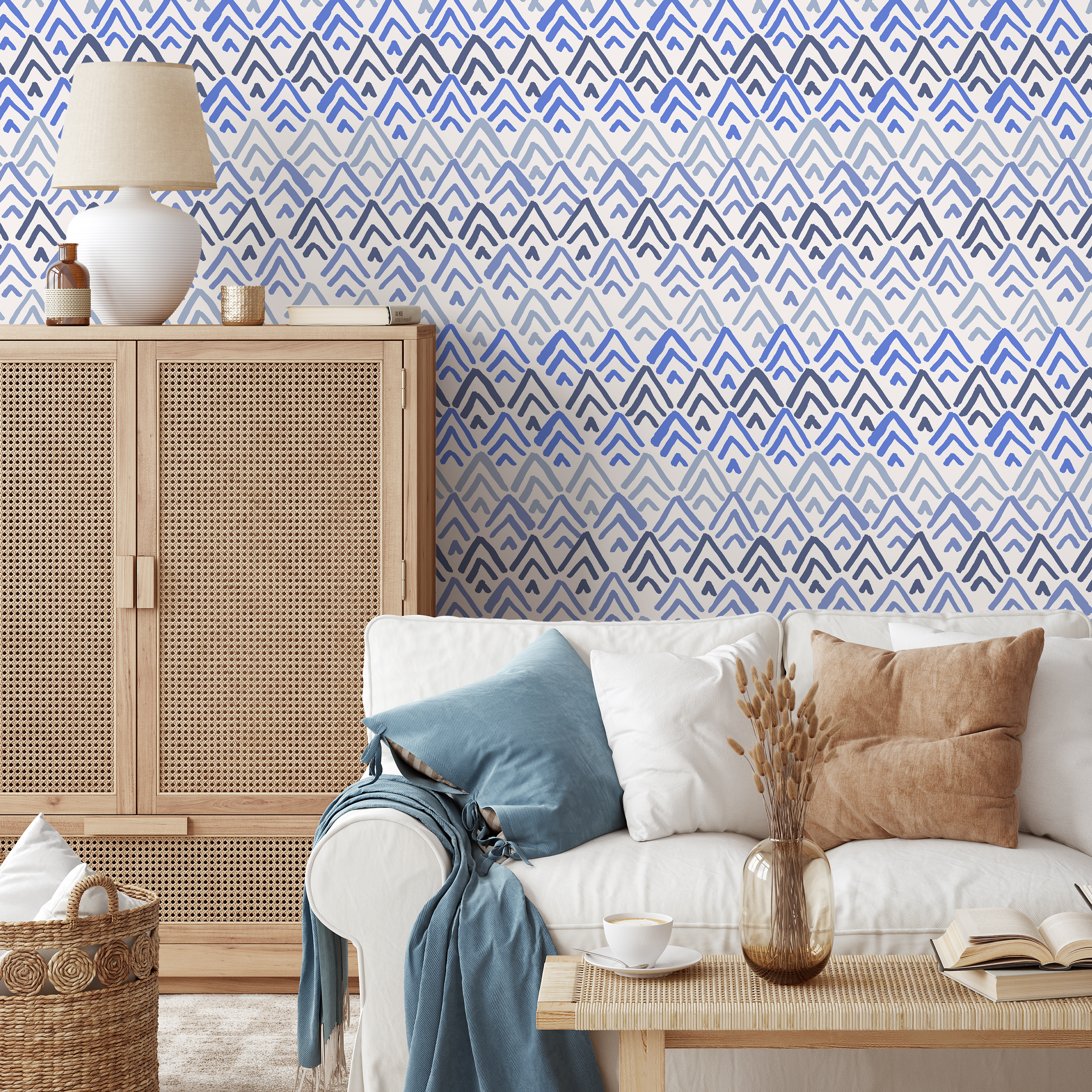 Geometric Wallpaper With A Brushstroke Chevron Motif In Blue And Gray - B359