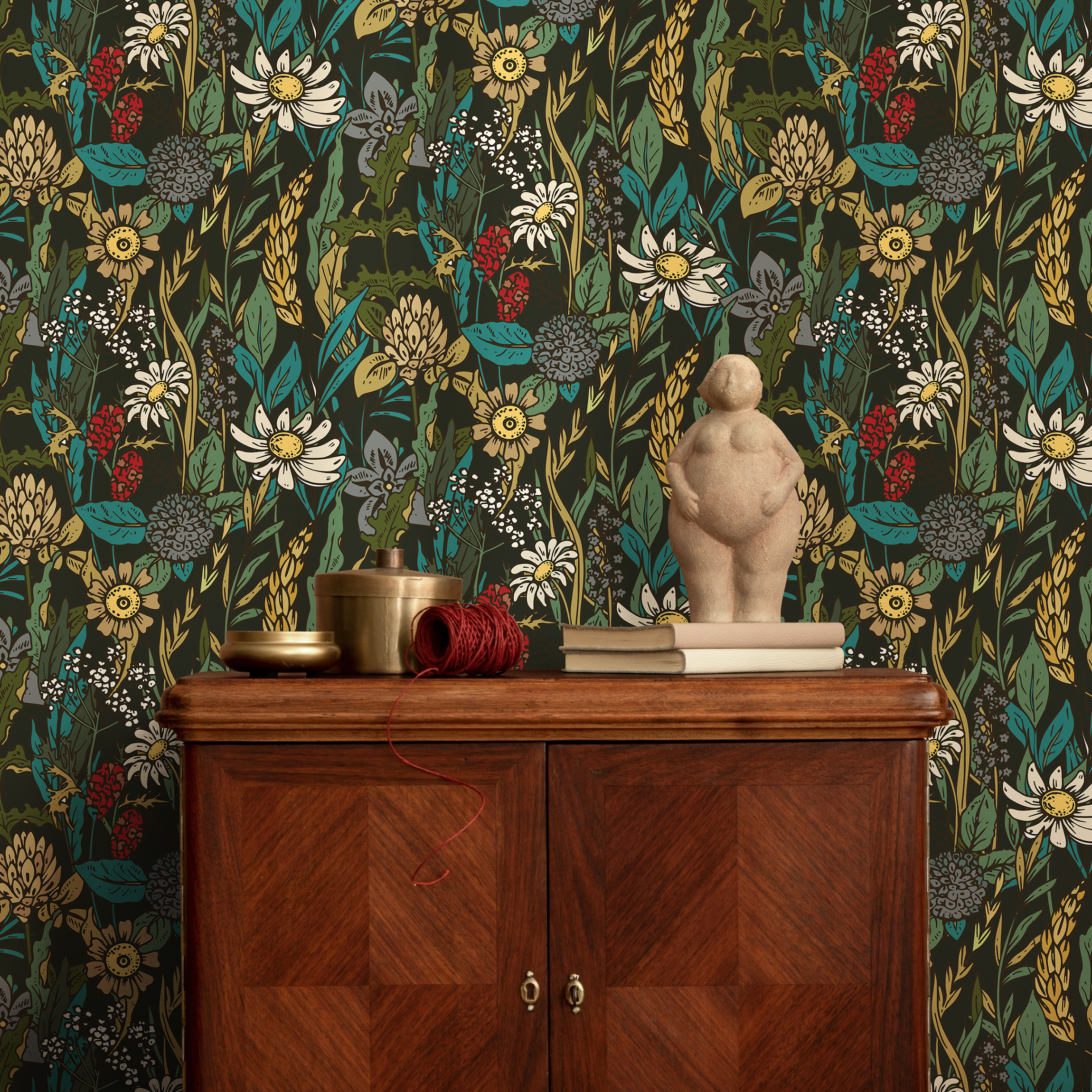 Botanical Wallpaper With A Wildflower Meadow Motif In Yellow, Teal, And Red - B360