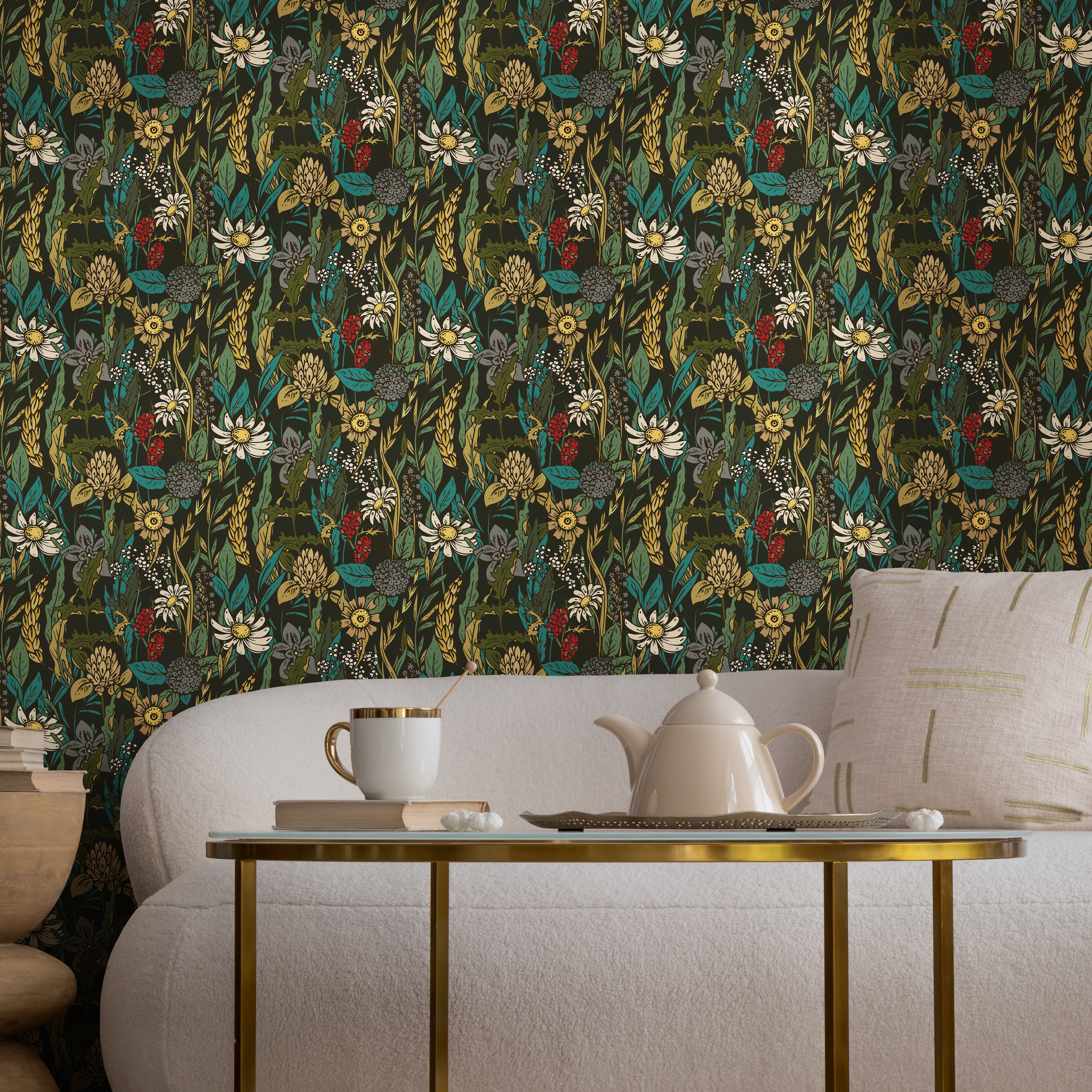 Botanical Wallpaper With A Wildflower Meadow Motif In Yellow, Teal, And Red - B360
