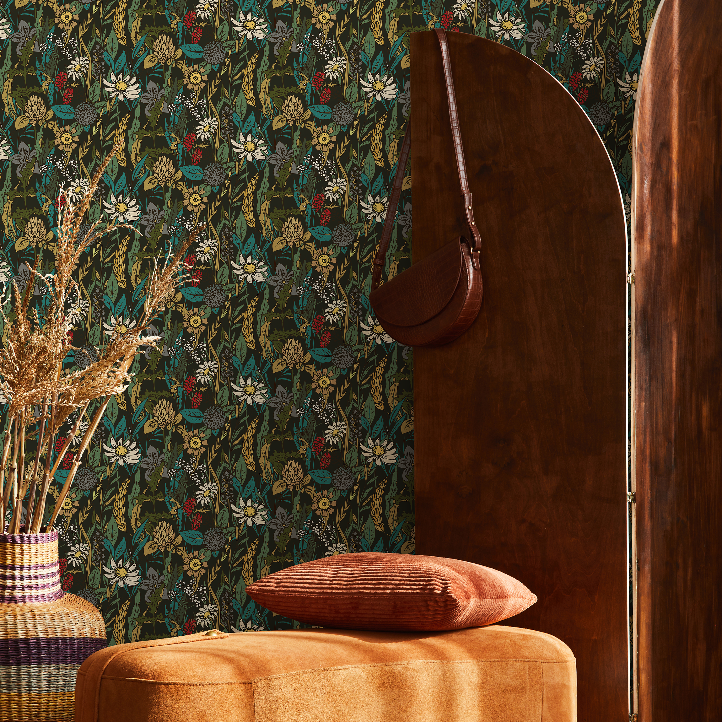 Botanical Wallpaper With A Wildflower Meadow Motif In Yellow, Teal, And Red - B360