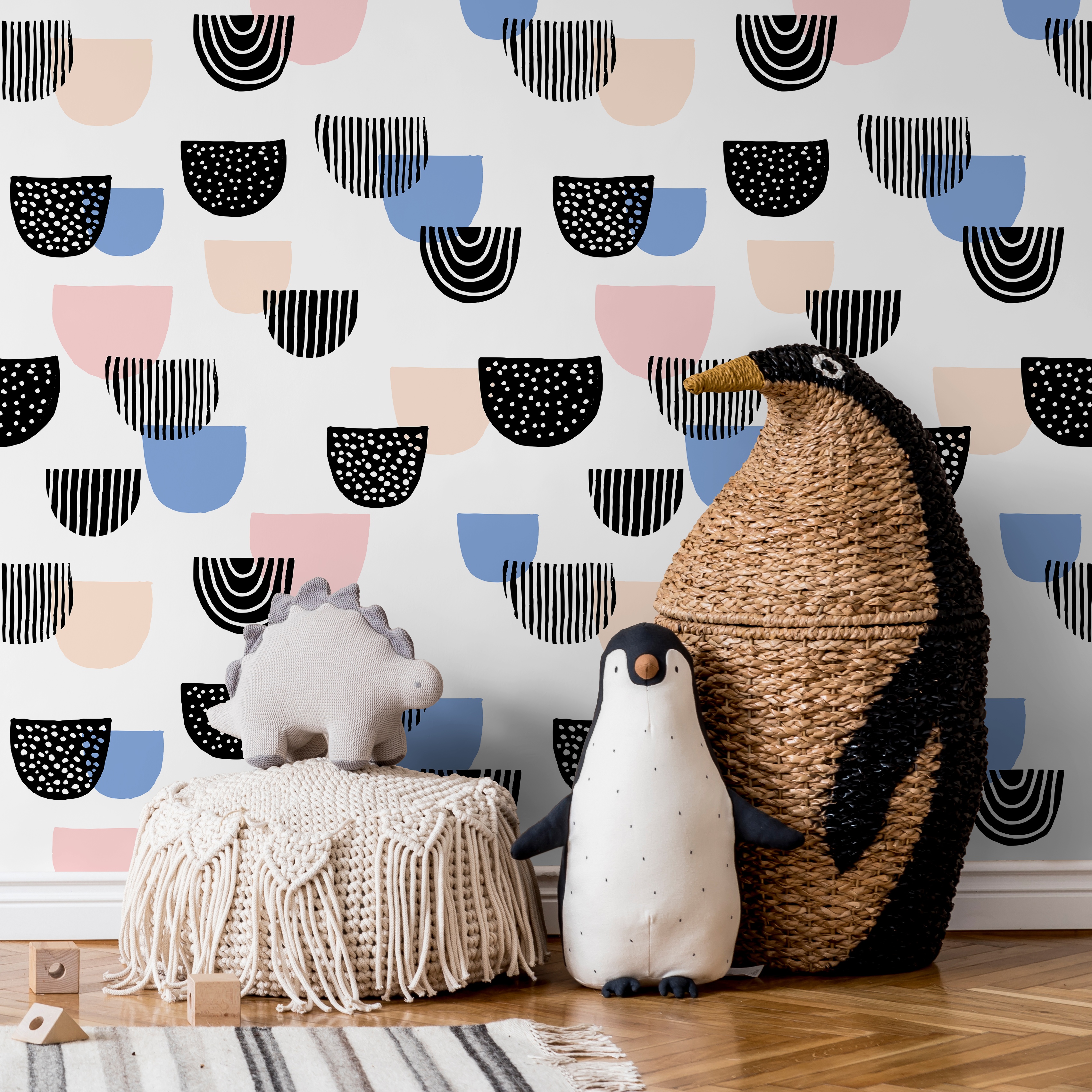 Abstract Wallpaper With Modern Semicircle Shapes In Black, Pink, And Blue - B365