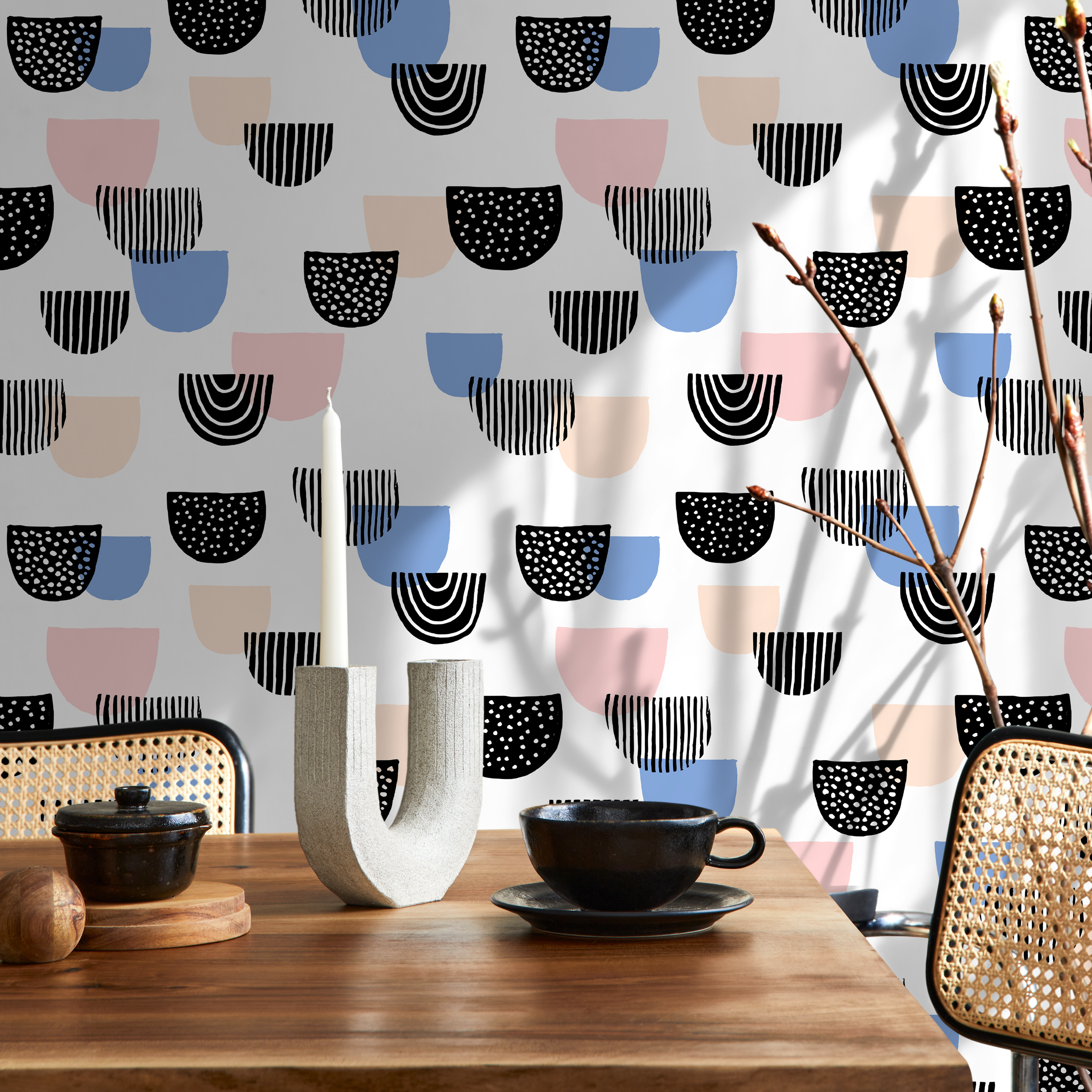 Abstract Wallpaper With Modern Semicircle Shapes In Black, Pink, And Blue - B365