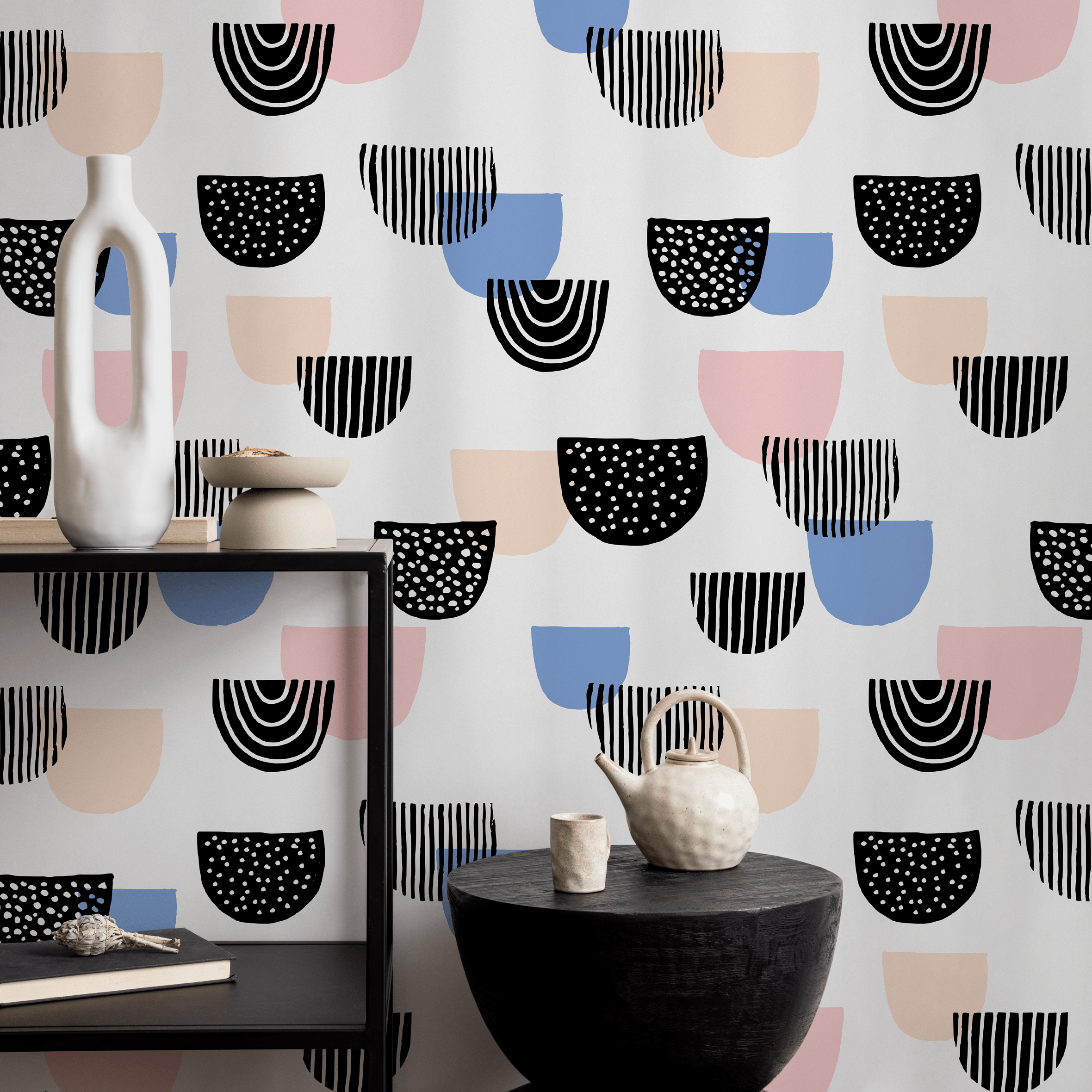 Abstract Wallpaper With Modern Semicircle Shapes In Black, Pink, And Blue - B365