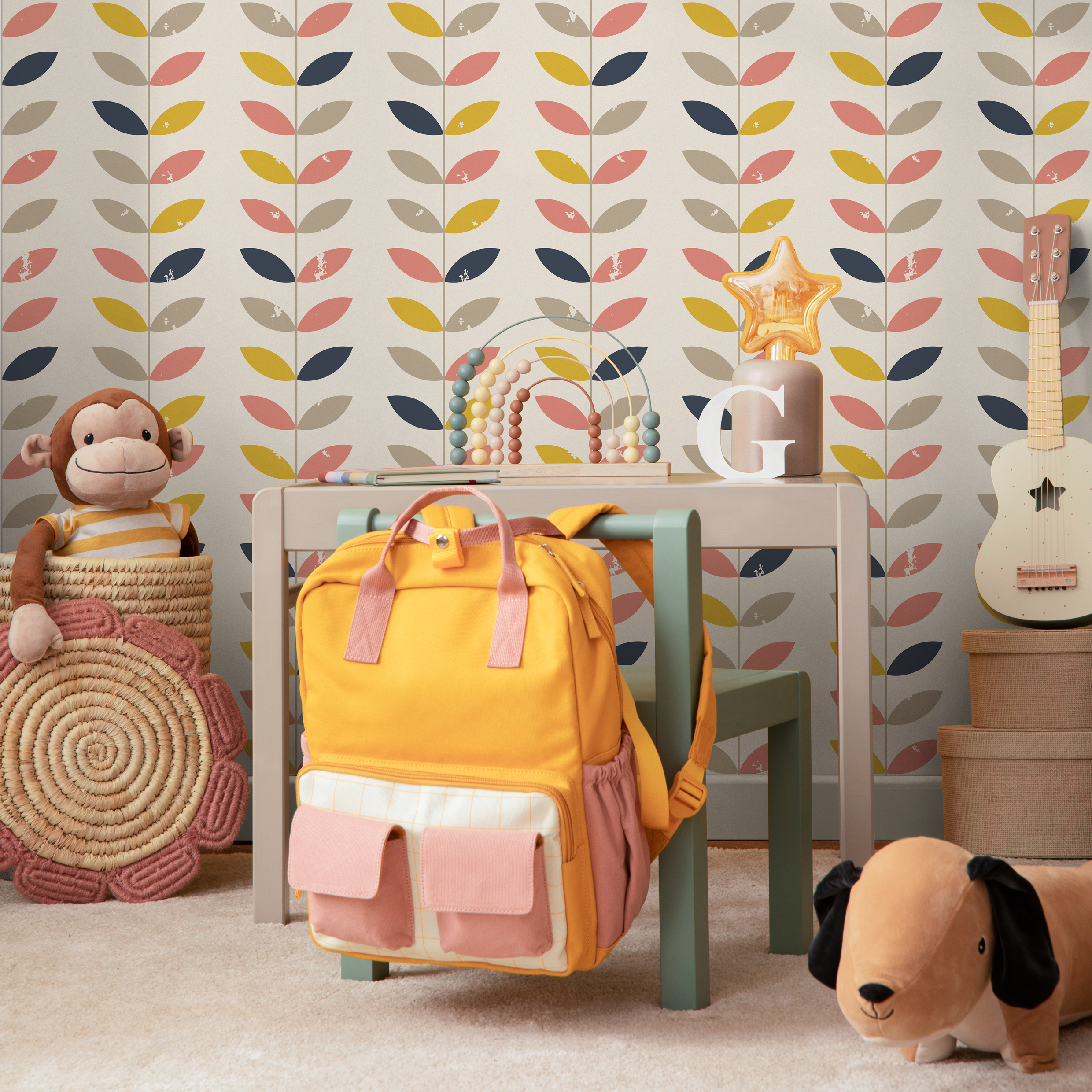 Geometric Wallpaper Featuring Stylized Leaf Vines In Pink, Yellow, And Blue - B367