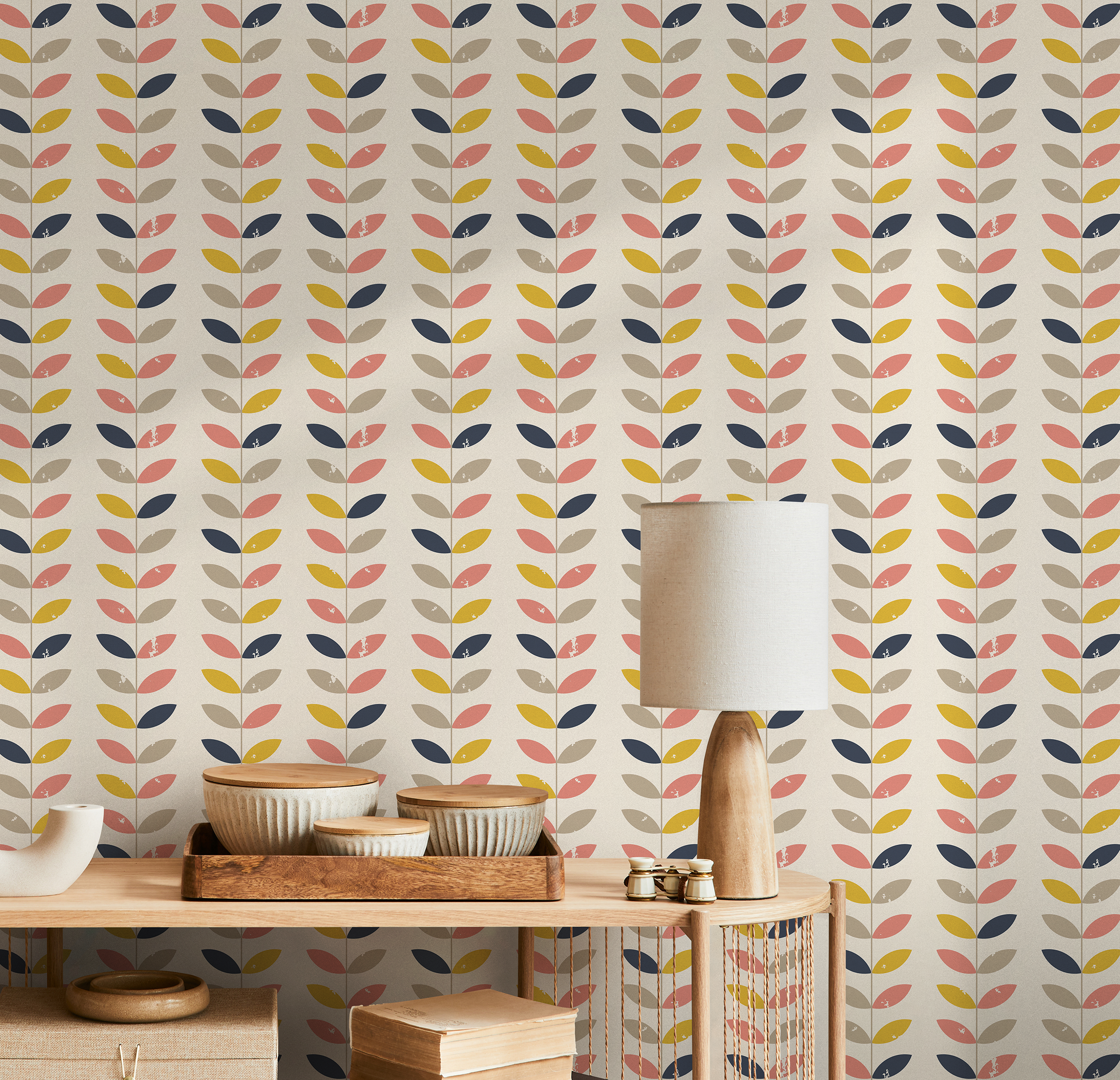 Geometric Wallpaper Featuring Stylized Leaf Vines In Pink, Yellow, And Blue - B367