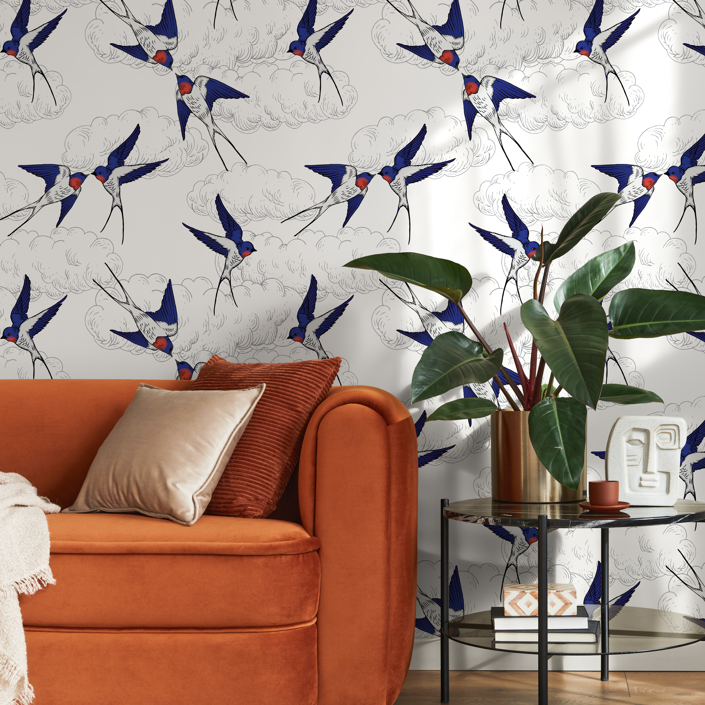 Chinoiserie Wallpaper Featuring Flying Swallows In Blue, Red, And Black - B369