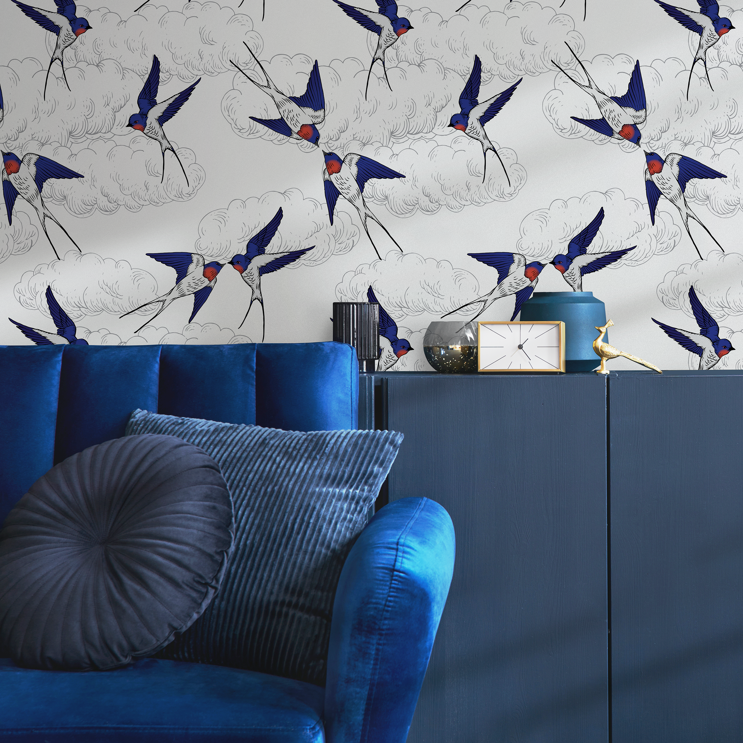 Chinoiserie Wallpaper Featuring Flying Swallows In Blue, Red, And Black - B369