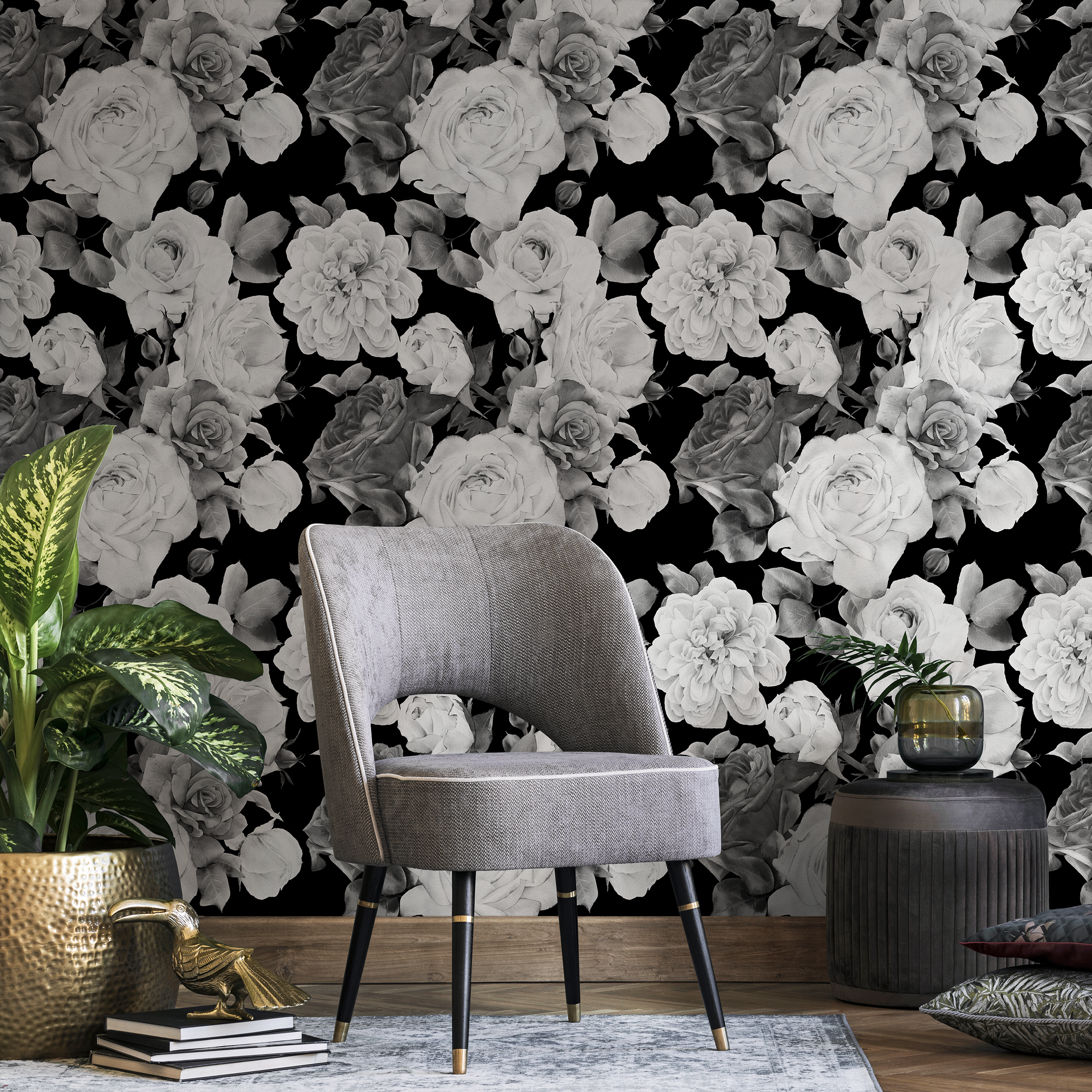 Floral Wallpaper With A Dramatic Rose Collage In Black, White, And Gray - B370