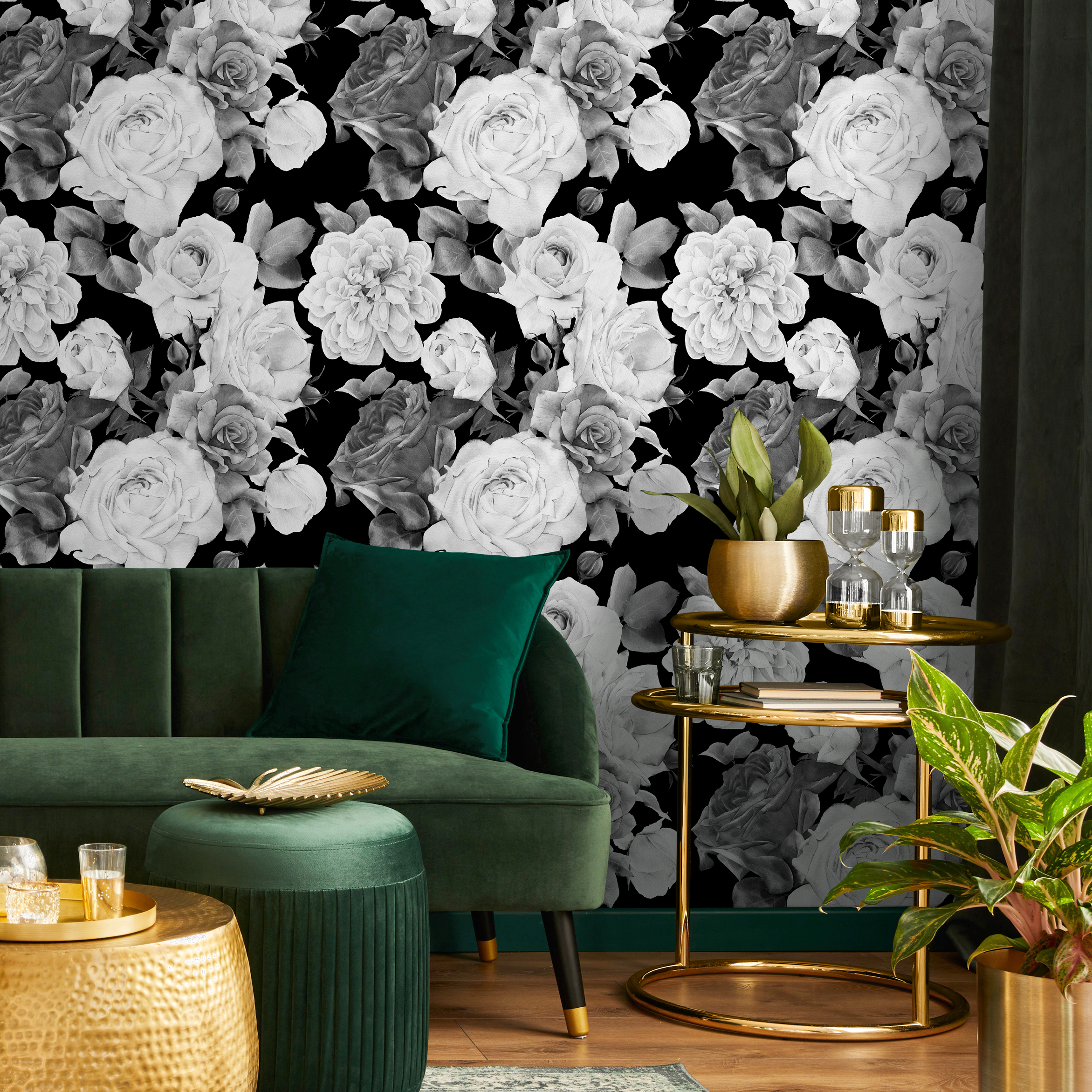Floral Wallpaper With A Dramatic Rose Collage In Black, White, And Gray - B370