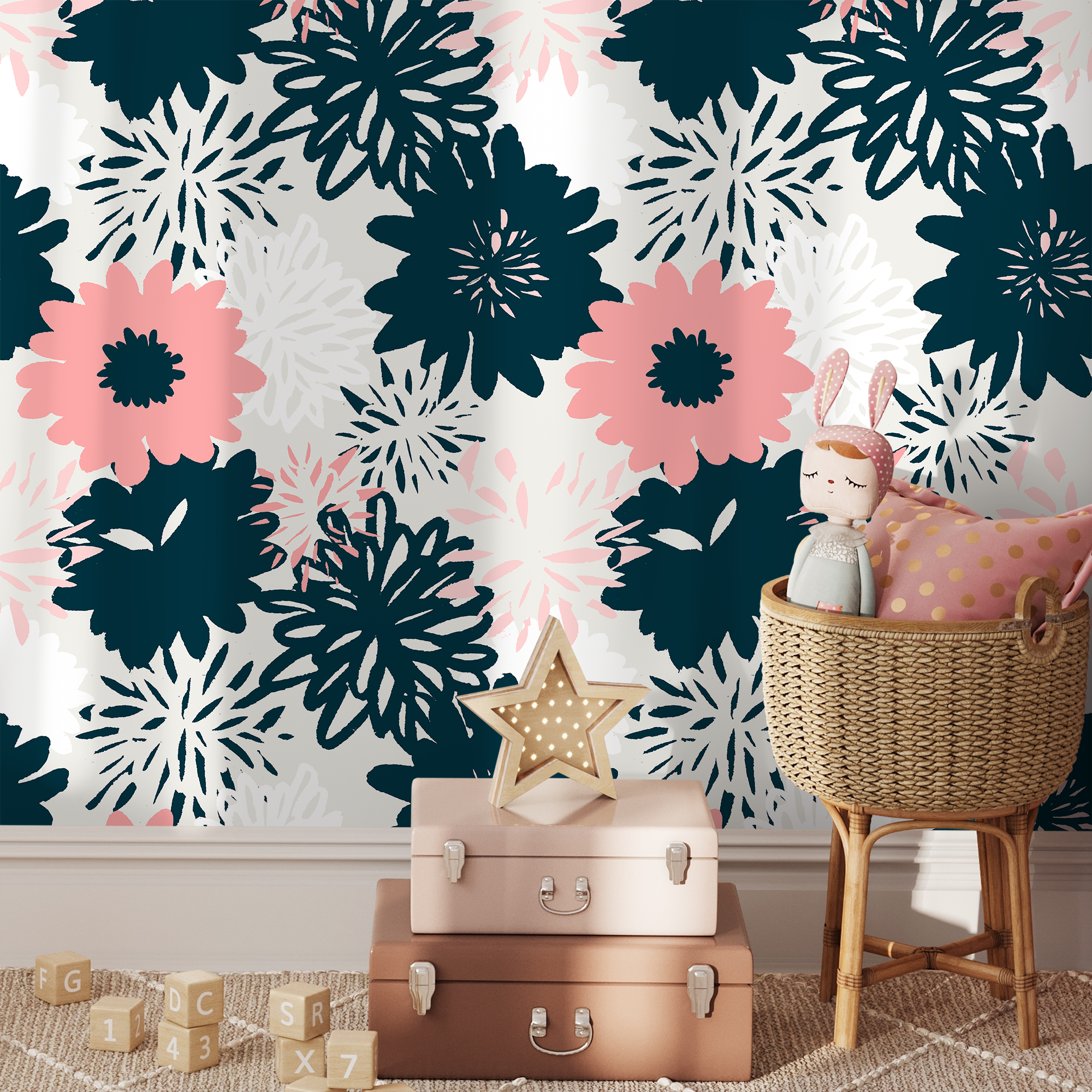 Floral Wallpaper With Bold Graphic Blooms In Navy And Pink - B371