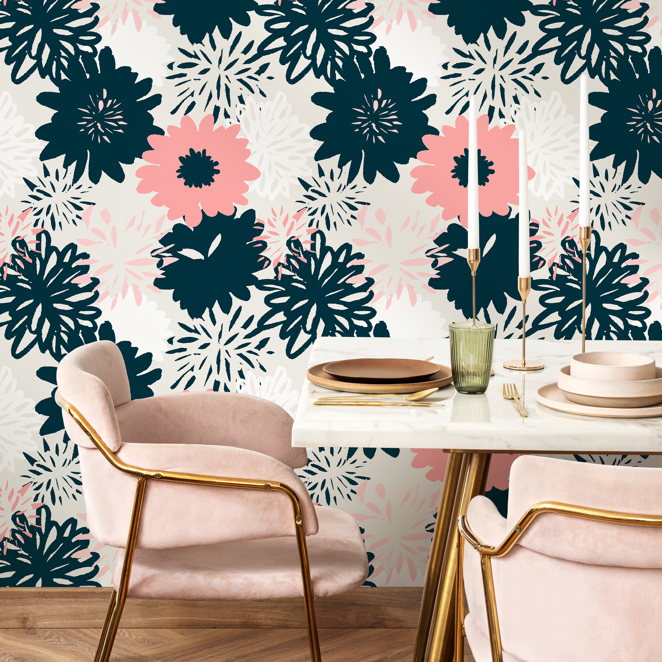 Floral Wallpaper With Bold Graphic Blooms In Navy And Pink - B371