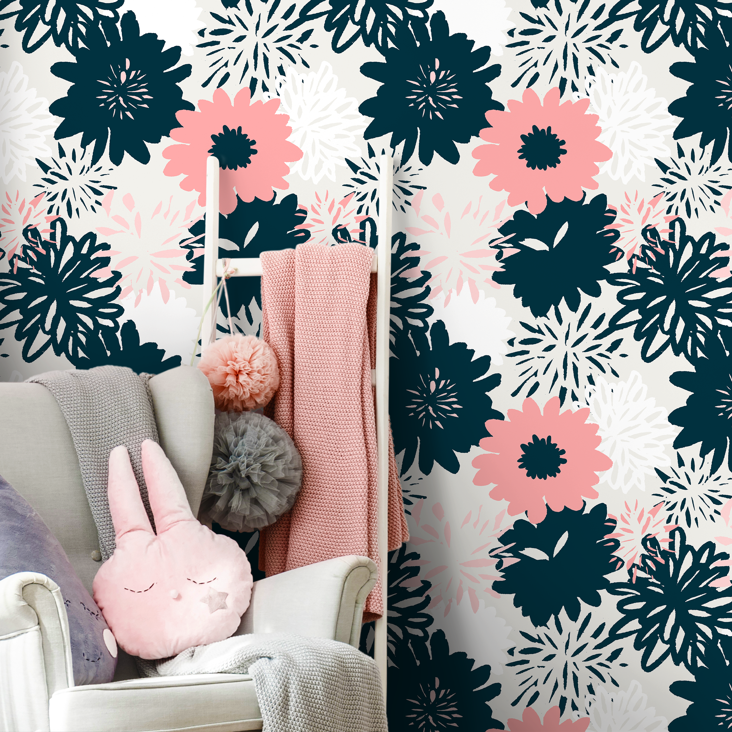 Floral Wallpaper With Bold Graphic Blooms In Navy And Pink - B371