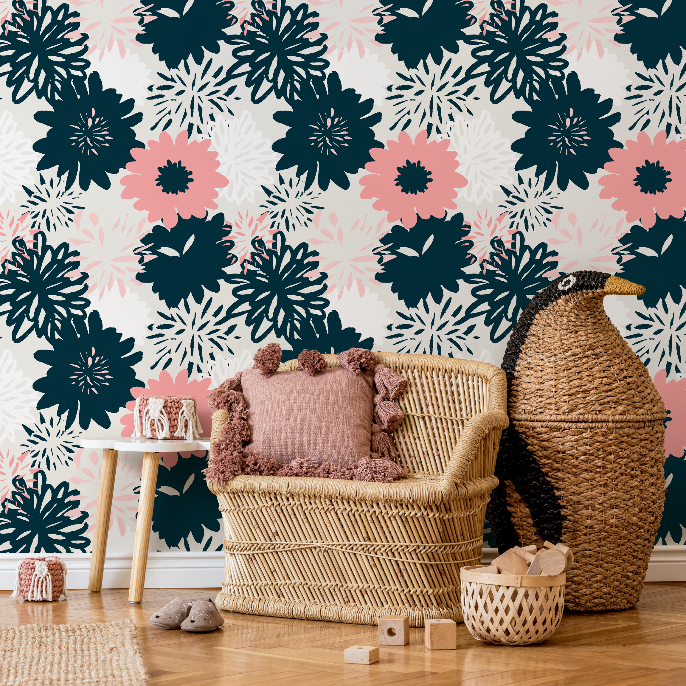 Floral Wallpaper With Bold Graphic Blooms In Navy And Pink - B371