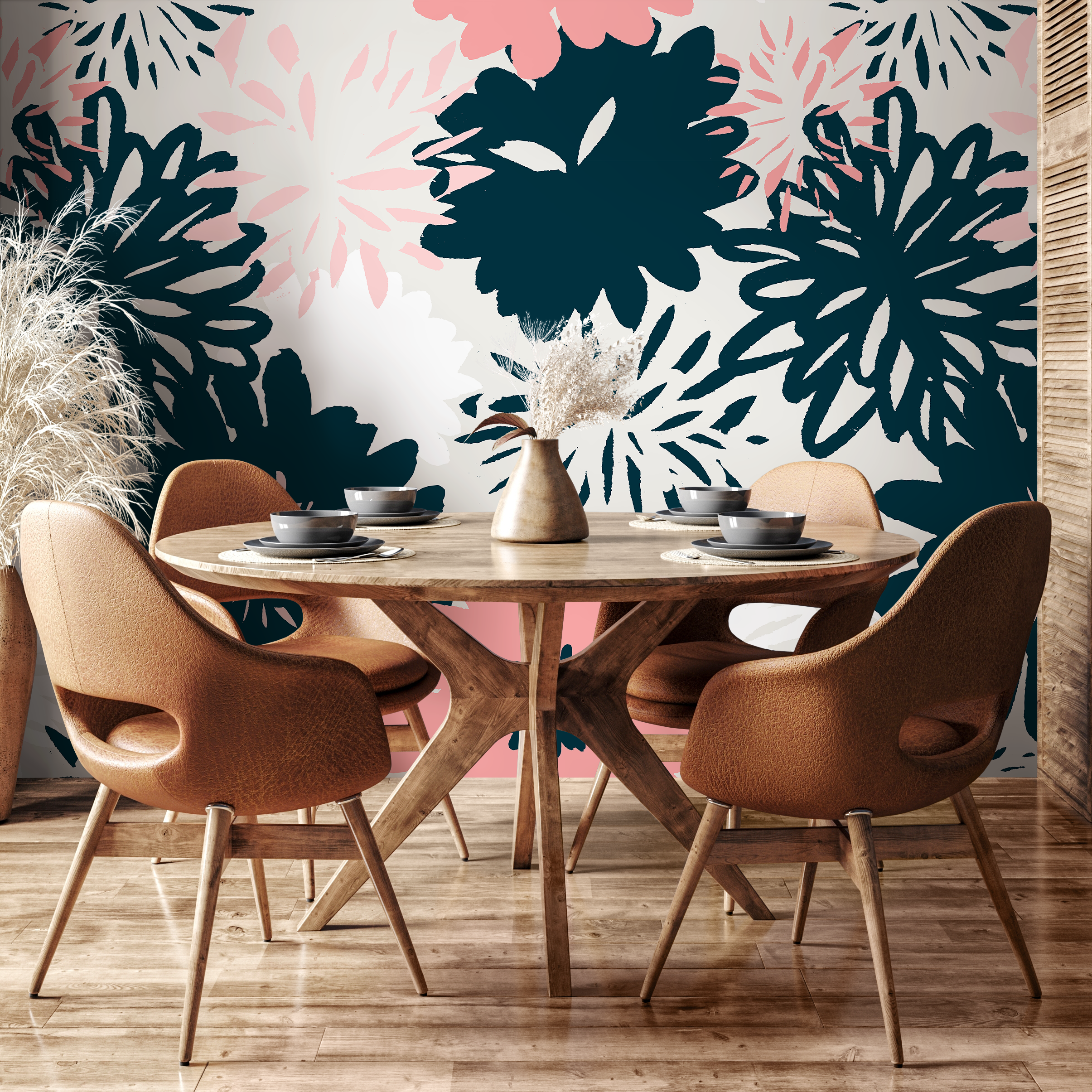 Abstract Floral Wallpaper With Bold Hand-drawn Blooms In Navy Blue And Pink - B372